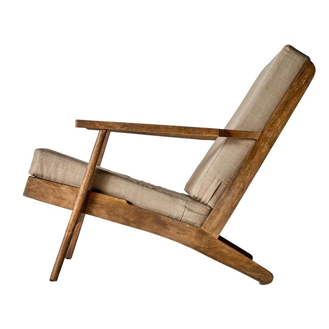 1960s Danish design and Scandinavian style wooden and beige linen fabric armchair.