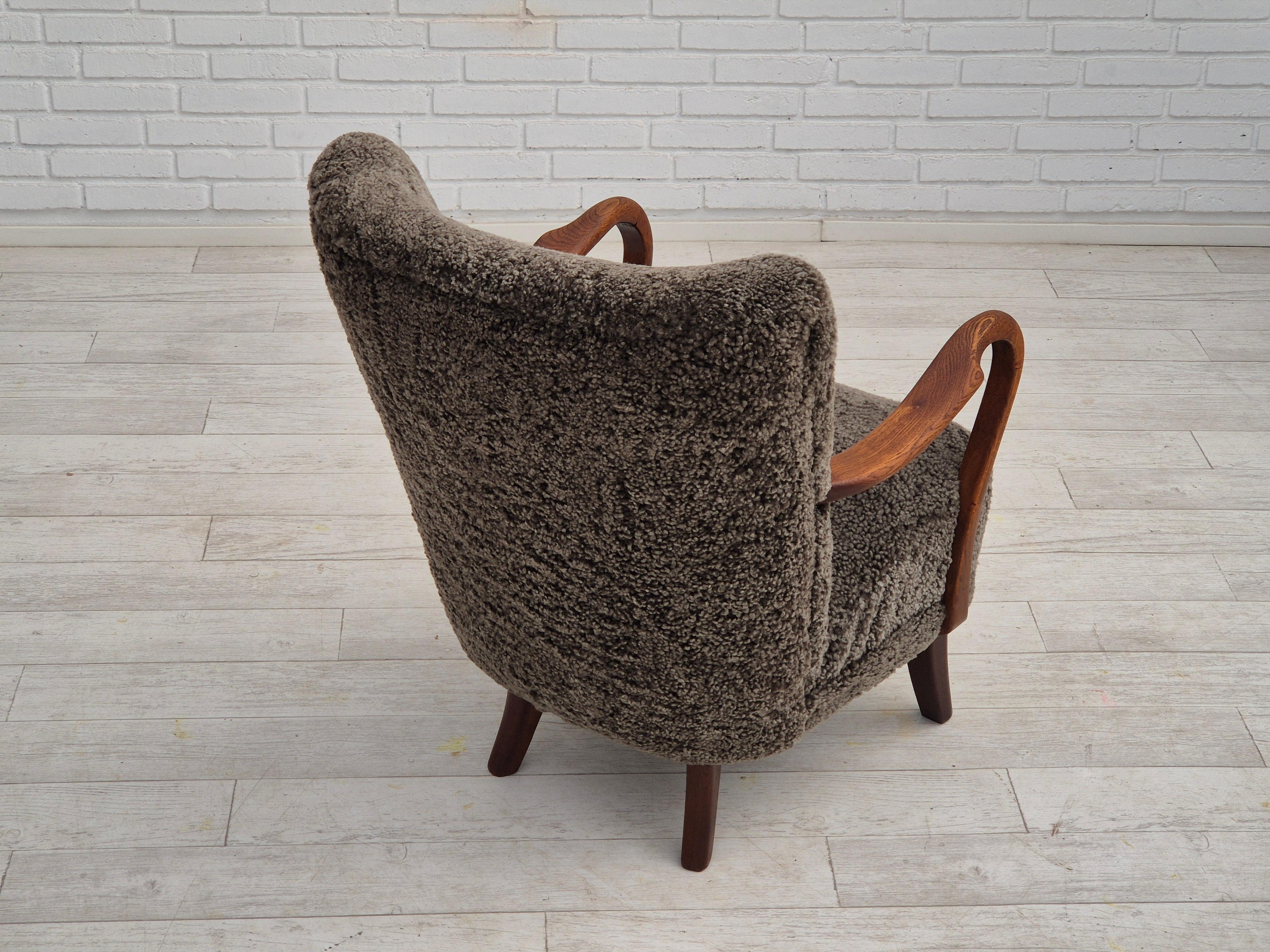 Sheepskin 1960s, Danish design by Alfred Christensen, refupholstered armchair, sheepskin.
