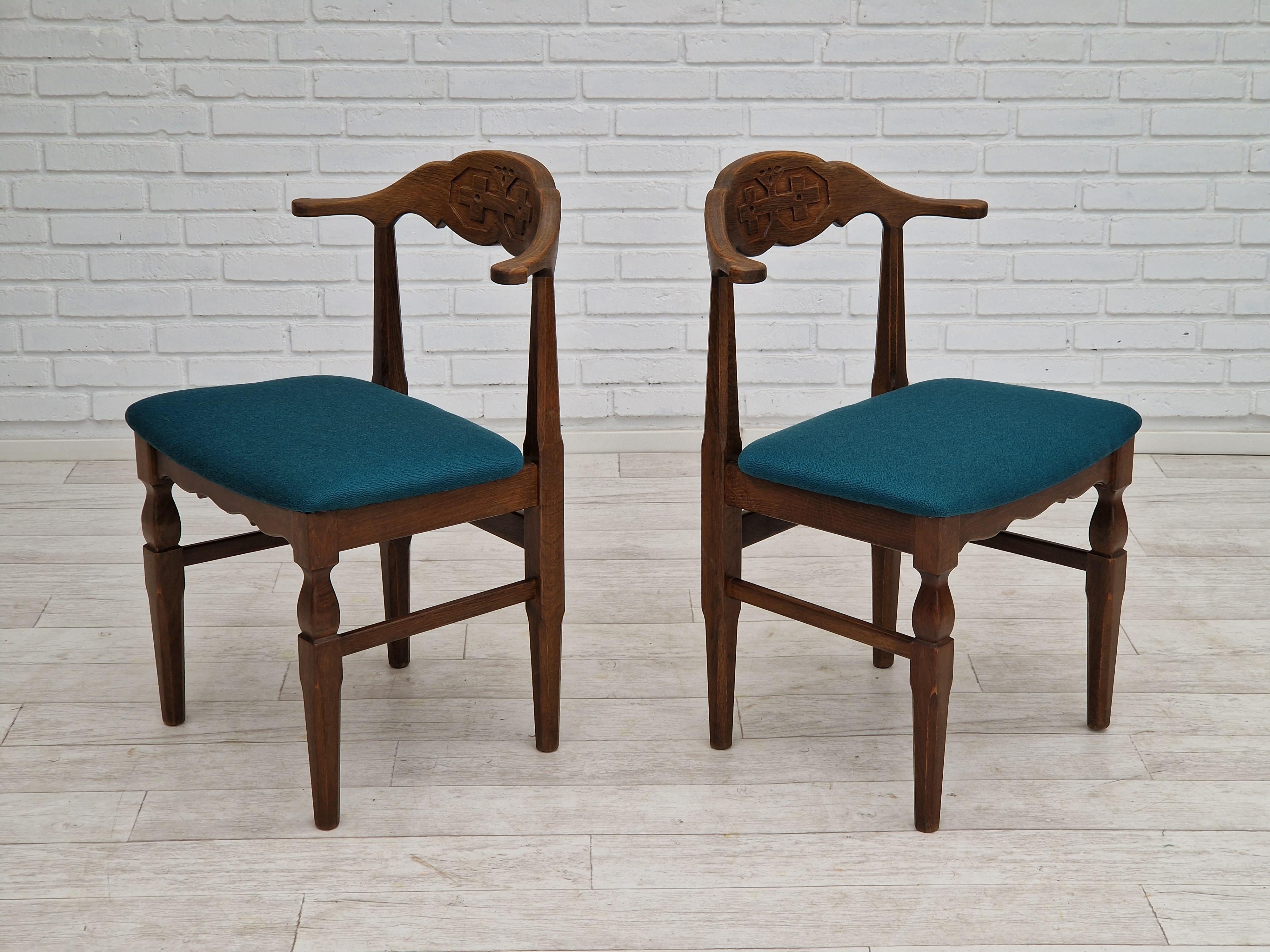 Scandinavian Modern 1960s, Danish Design by Henning Kjærnulf, Pair of Chairs, Wool, Oak Wood