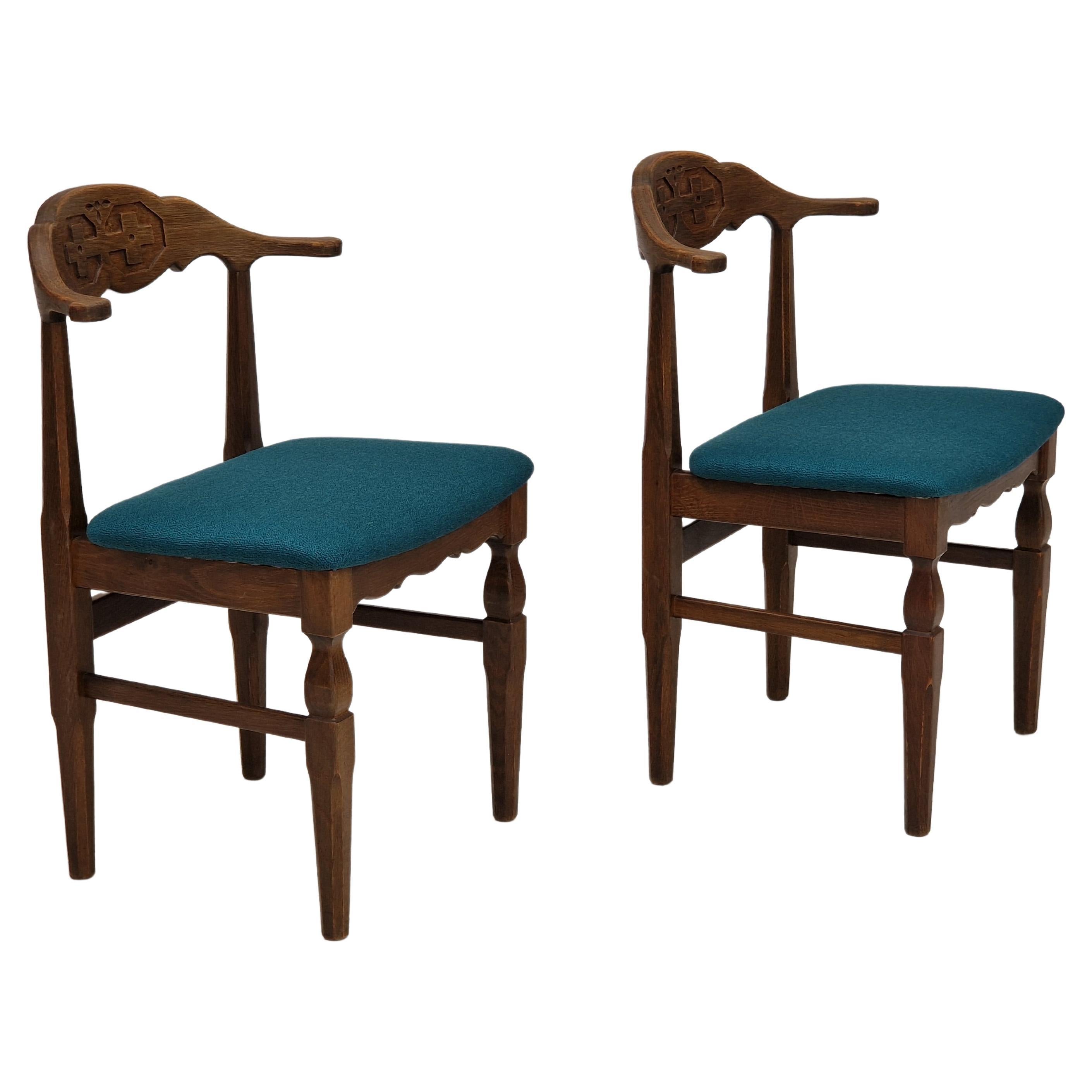 1960s, Danish Design by Henning Kjærnulf, Pair of Chairs, Wool, Oak Wood