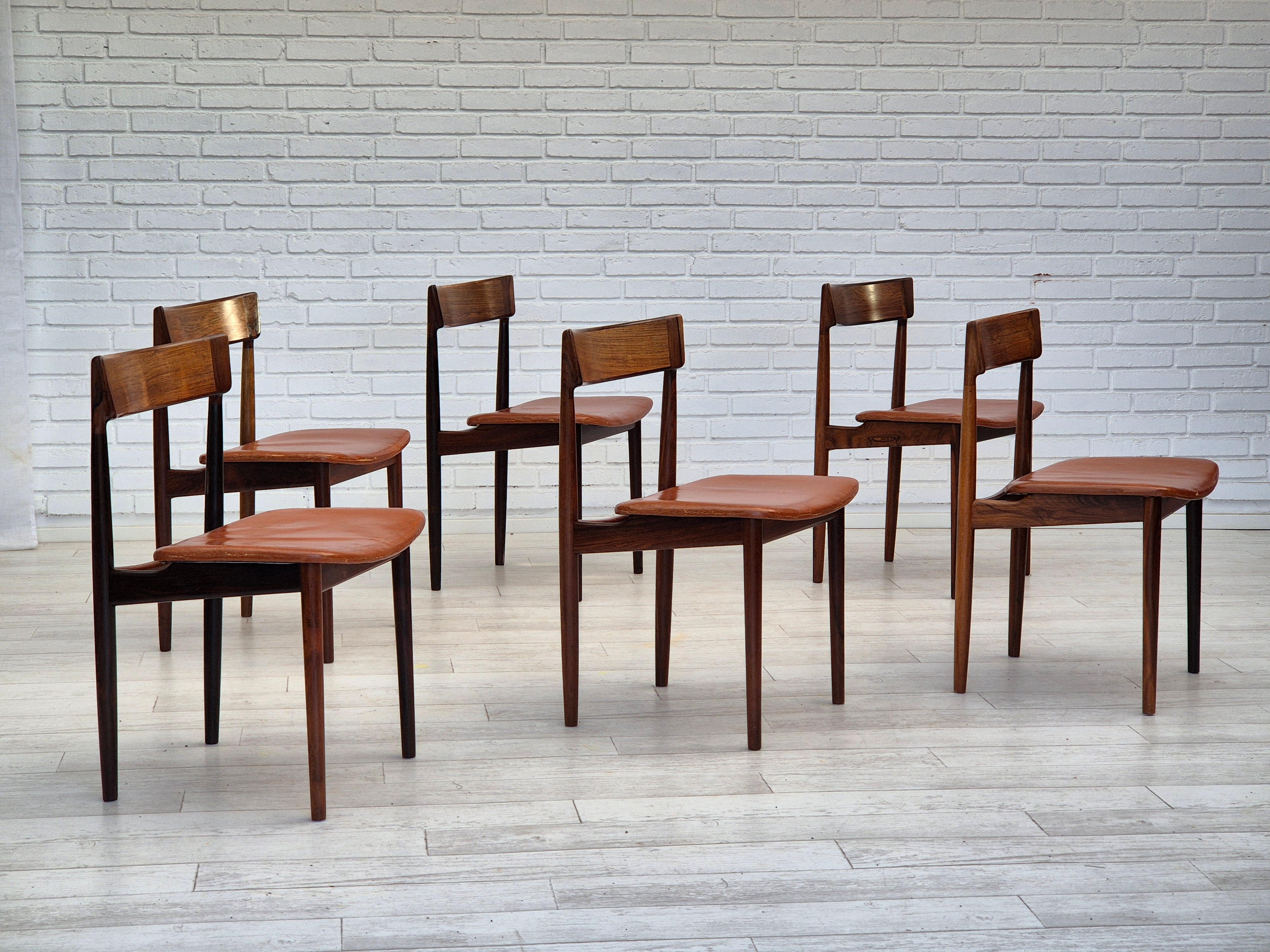 1960s, Danish design by Henry Rosengren Hansen for Brande Møbelindustri. Set of 6 rosewood dinning chairs in original very good condition. Original light brun patinated leather. Manufactured by Danish furniture manufacturer in about 1960s.