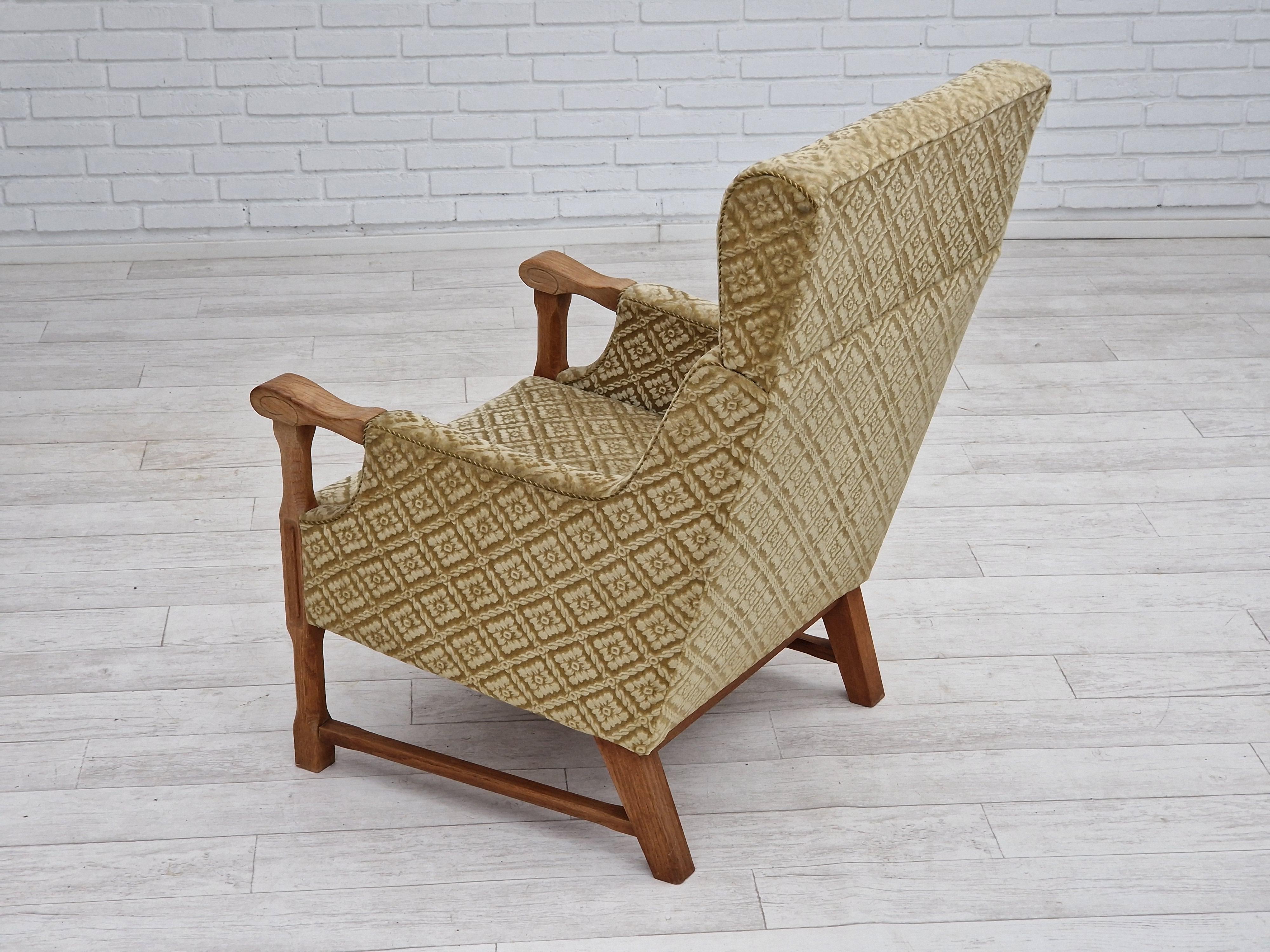 Fabric 1960s, Danish design, highback armchair, furniture fabric, oak wood. For Sale