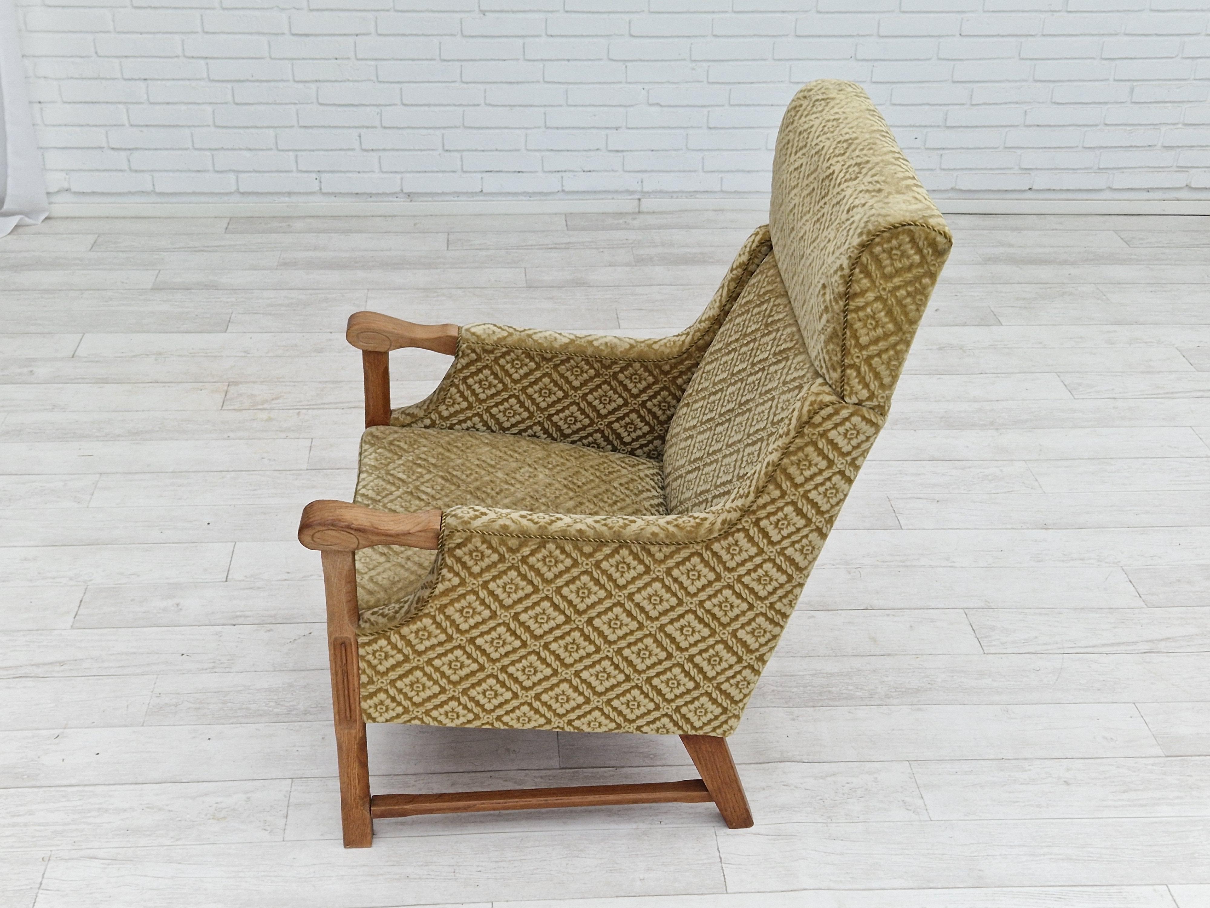 1960s, Danish design, highback armchair, furniture fabric, oak wood. For Sale 1