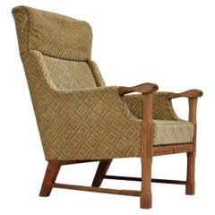 Vintage 1960s, Danish design, highback armchair, furniture fabric, oak wood.