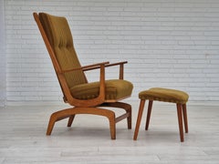 1960s, Danish design, oak wood rocking chair with footstool, furniture wool.