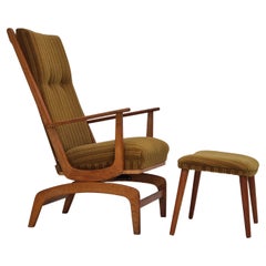 1960s, Danish design, oak wood rocking chair with footstool, furniture wool.