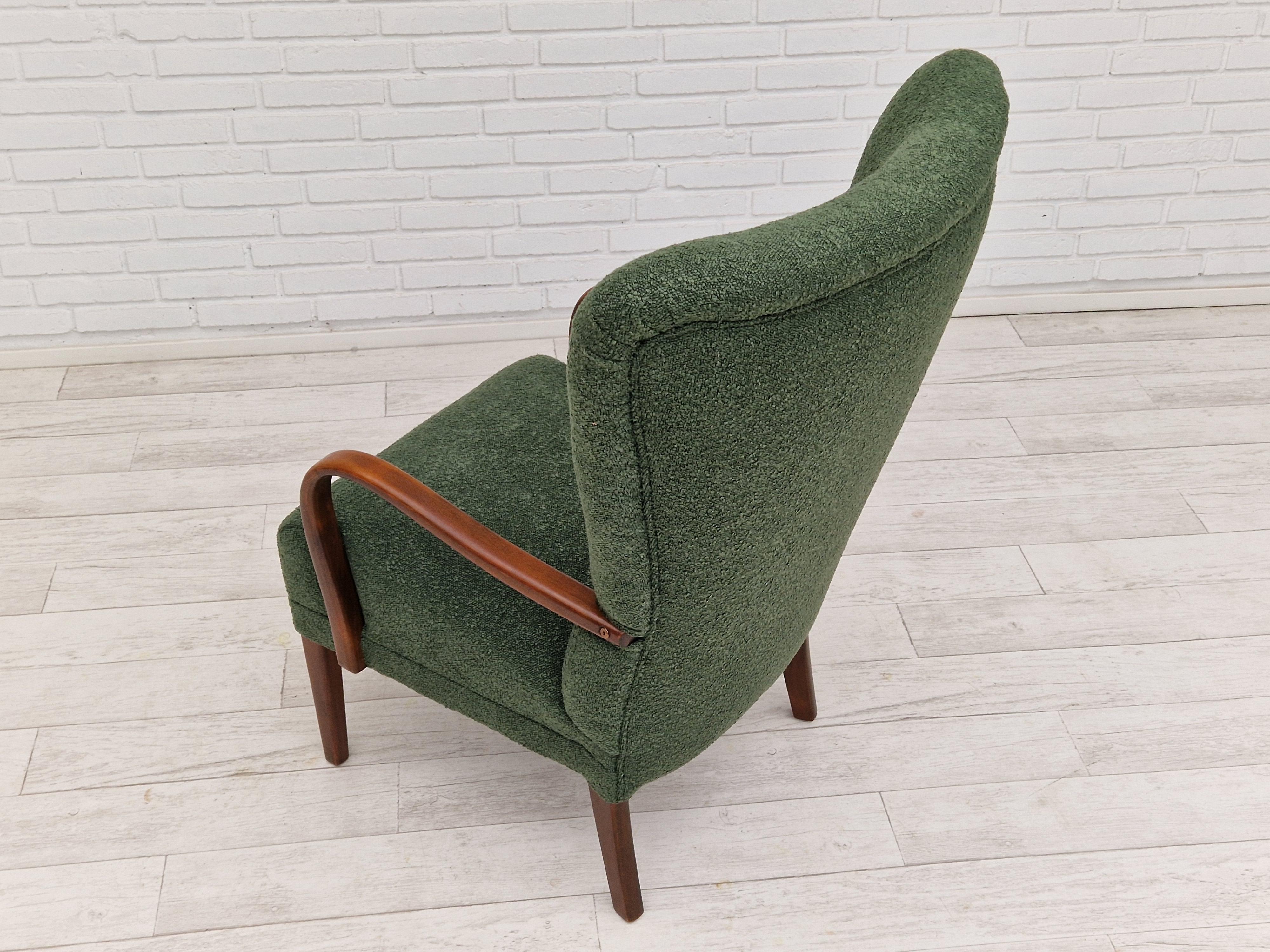 Mid-20th Century 1960s, Danish Design, Reupholstered Armchair, Bottle Green Fabric For Sale