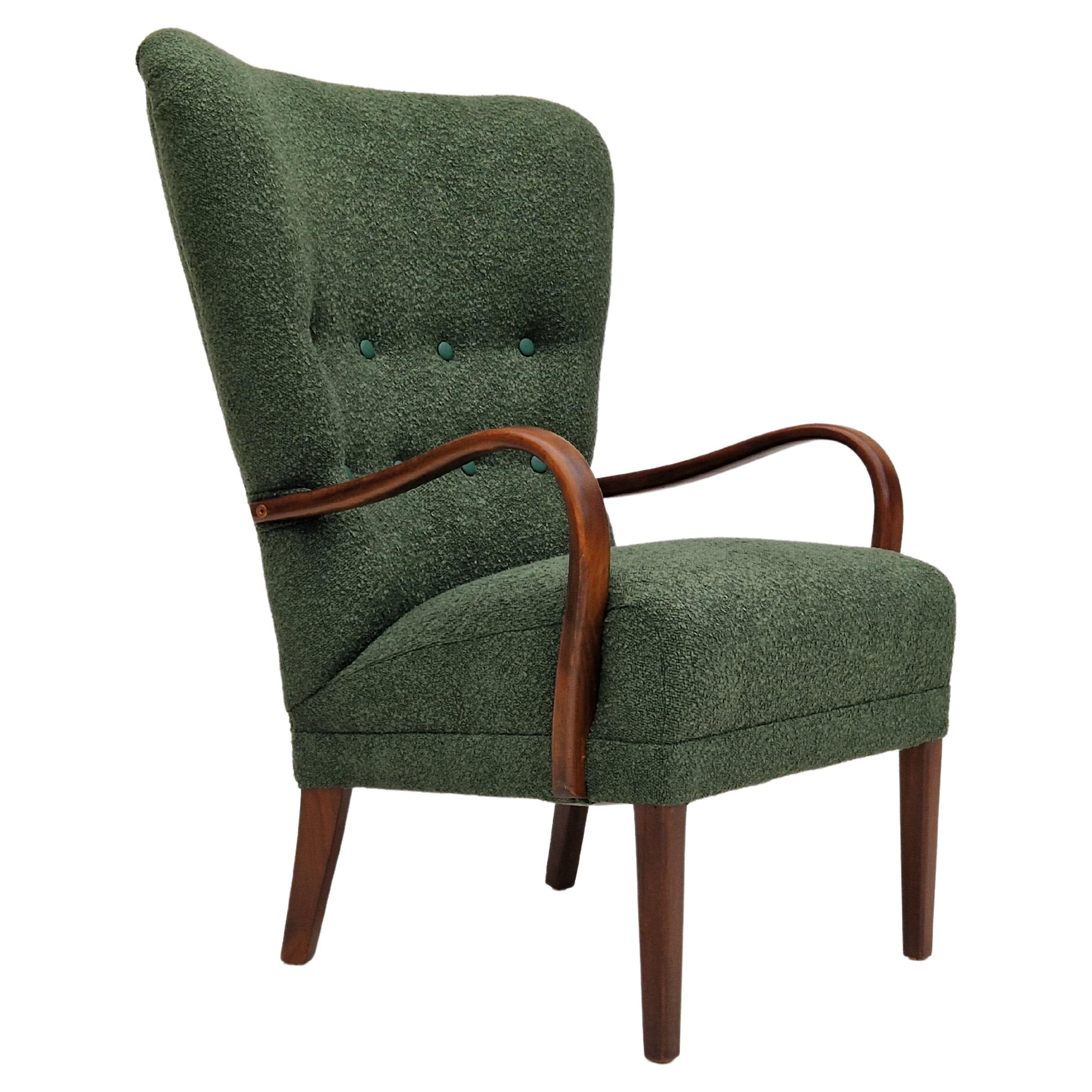 1960s, Danish Design, Reupholstered Armchair, Bottle Green Fabric For Sale