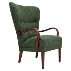 Fauteuil rembourré des années 1960, design danois, tissu vert bouteille.