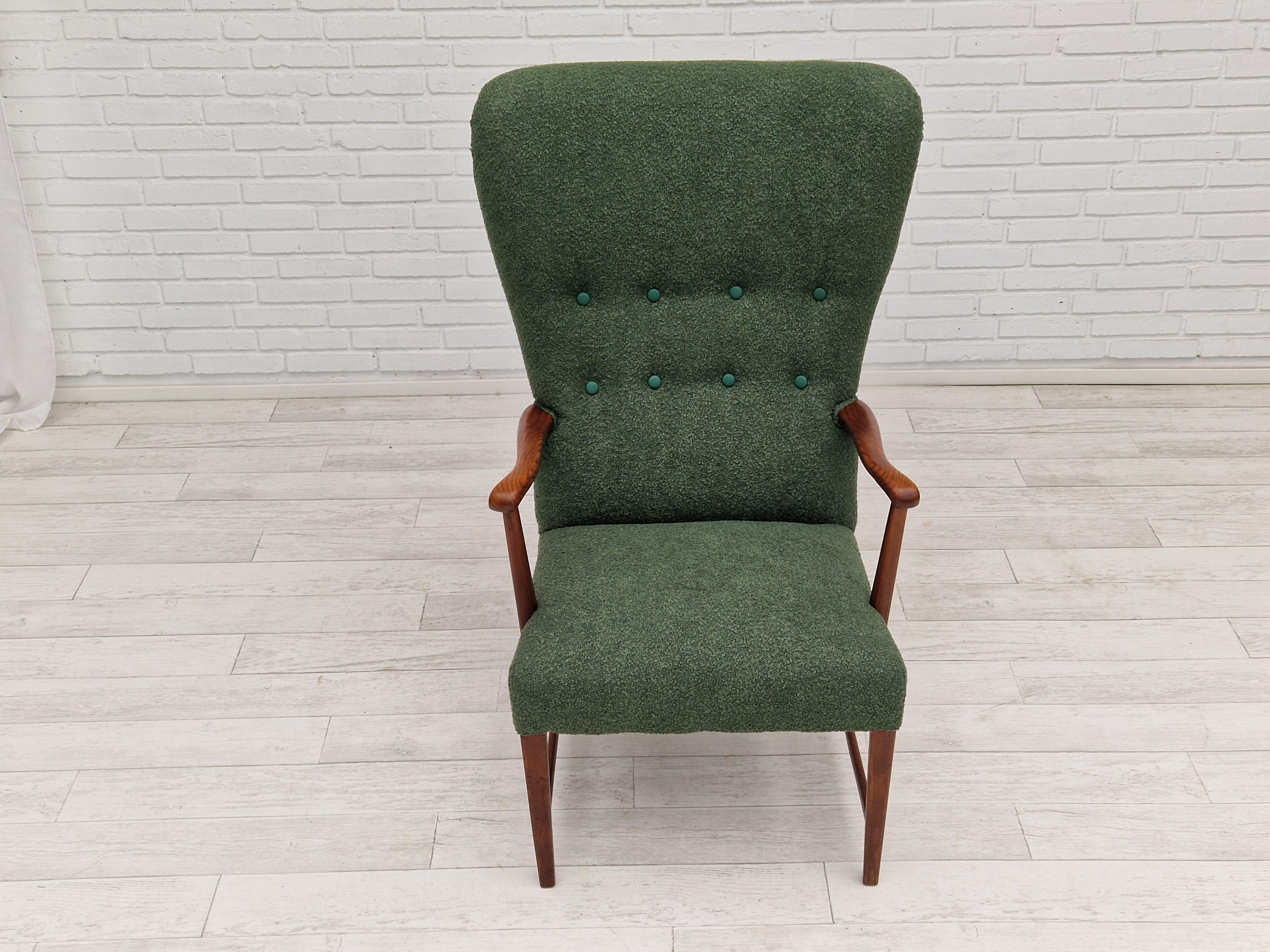 1960s, Danish design, reupholstered high-back armchair, bottle green fabric. For Sale 3