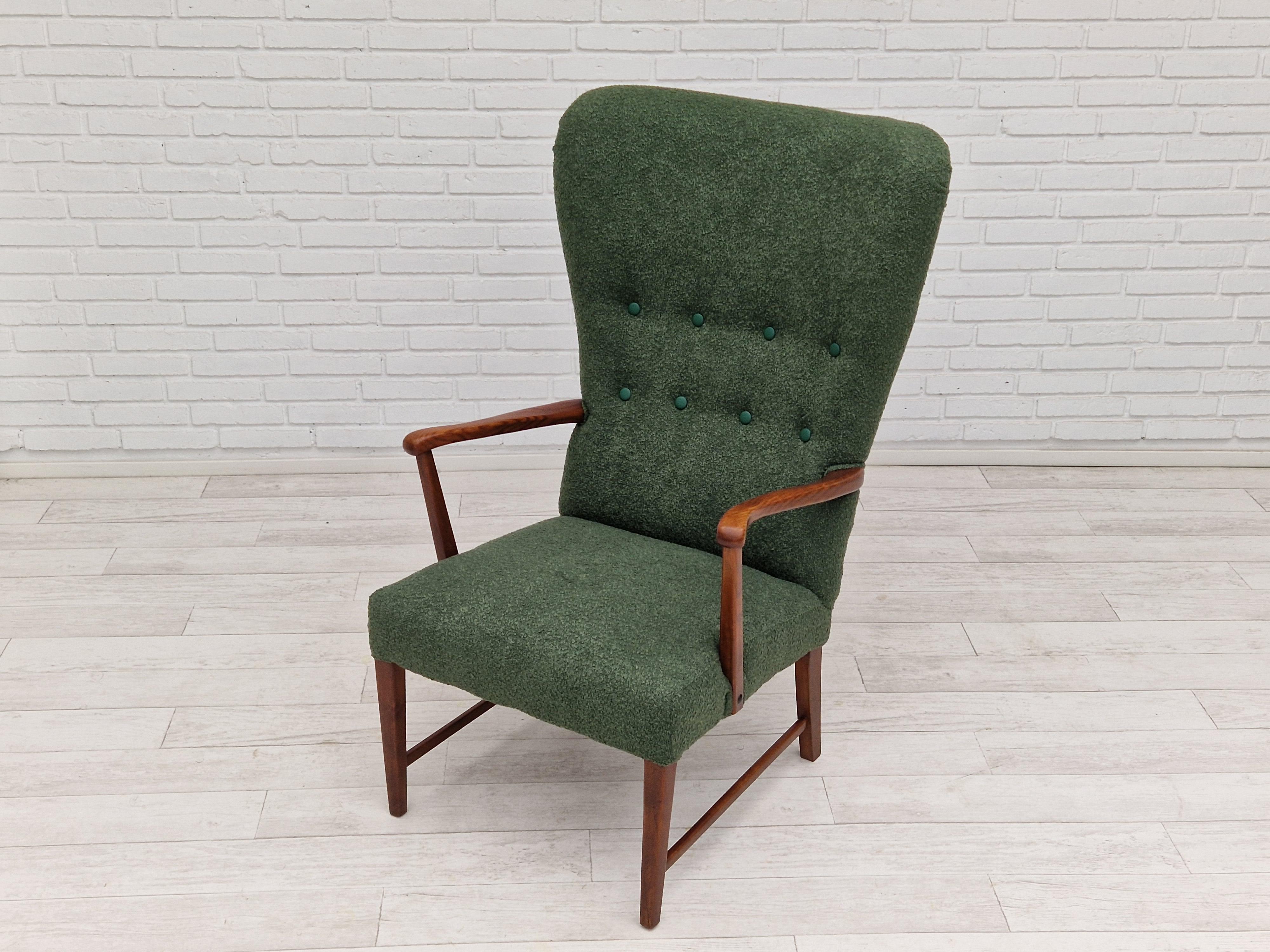 1960s, Danish design, reupholstered high-back armchair, bottle green fabric. For Sale 4