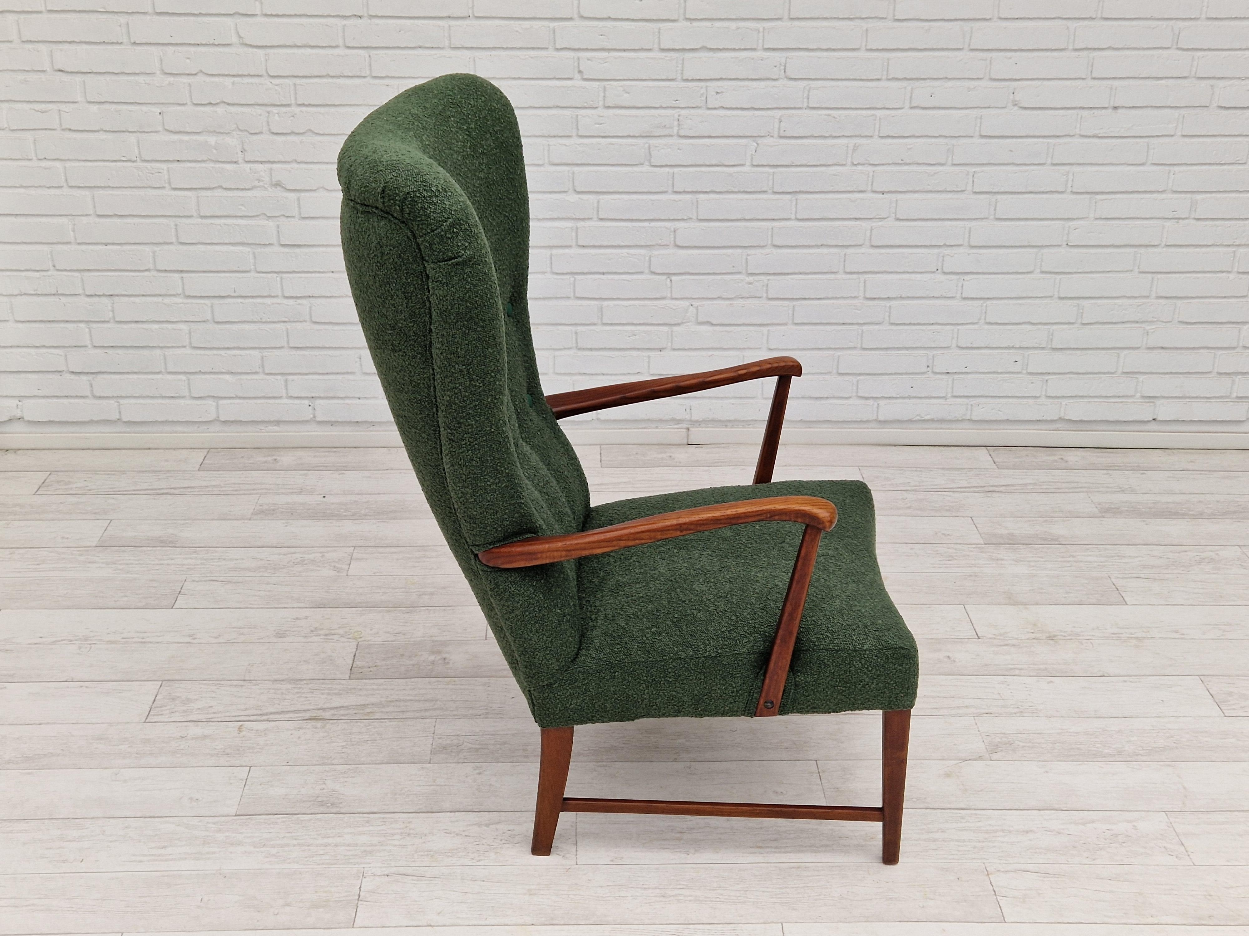 1960s, Danish design, reupholstered high-back armchair, bottle green fabric. For Sale 6