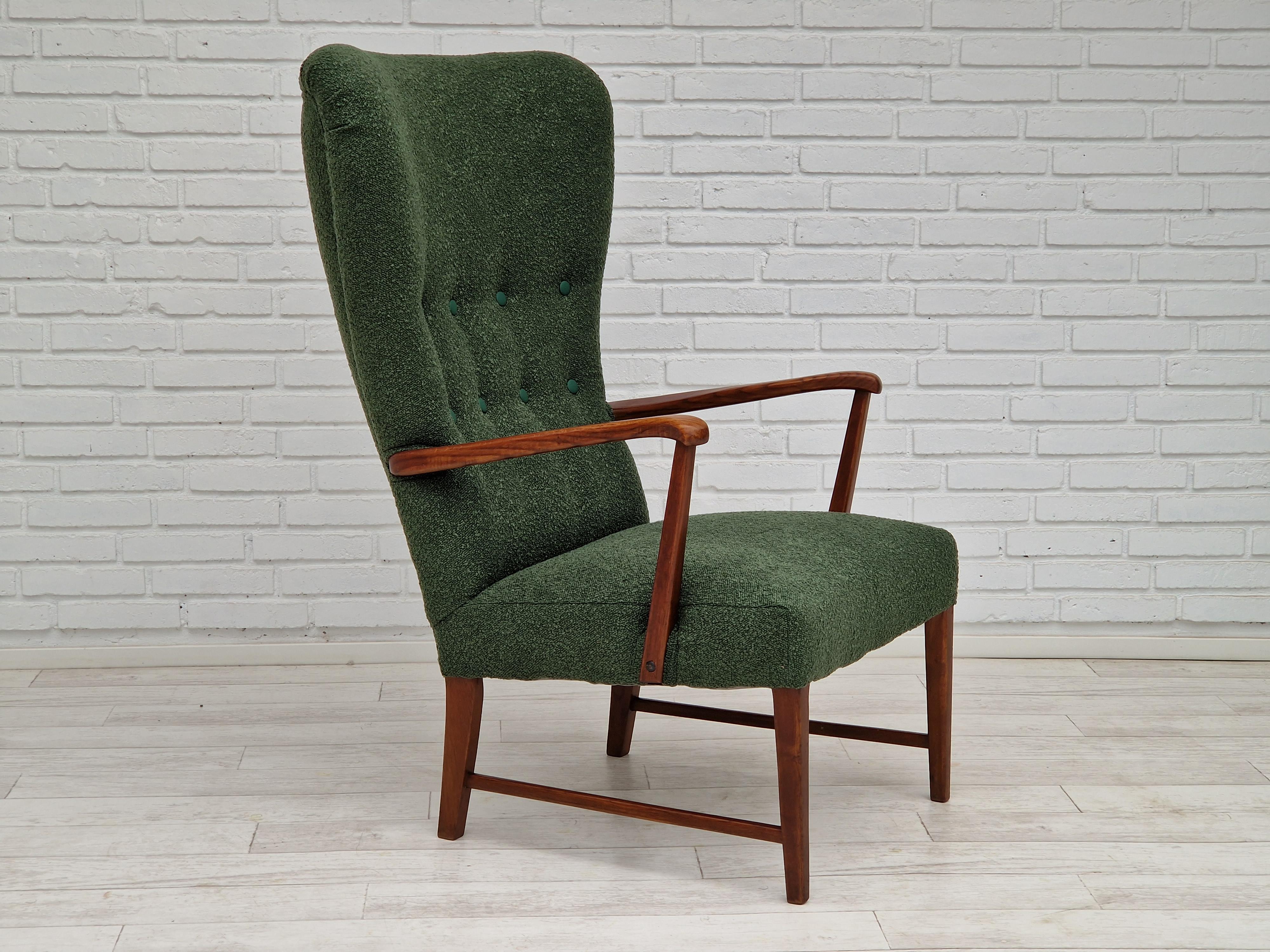 Scandinavian Modern 1960s, Danish design, reupholstered high-back armchair, bottle green fabric. For Sale