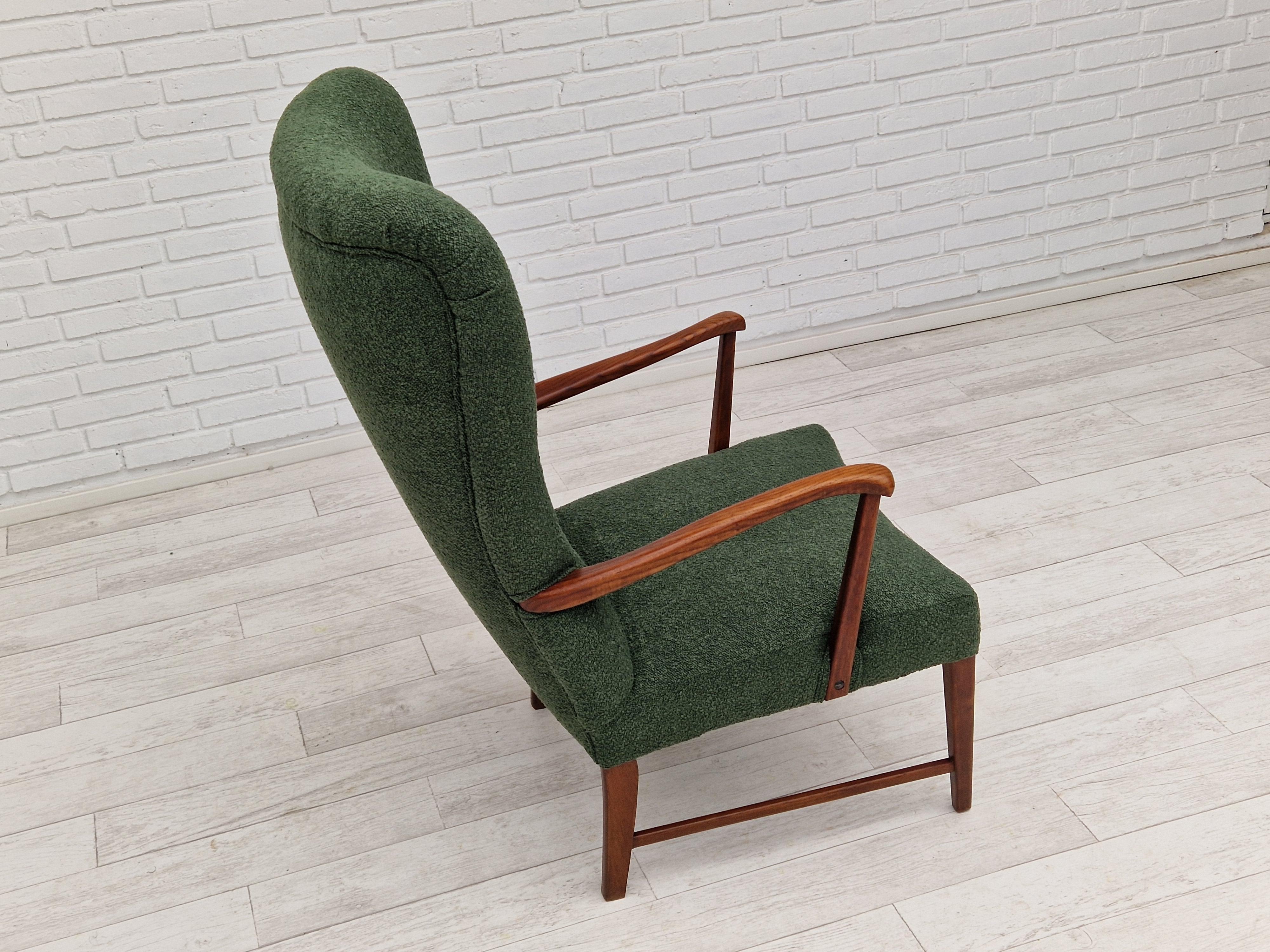 1960s, Danish design, reupholstered high-back armchair, bottle green fabric. In Good Condition For Sale In Tarm, 82