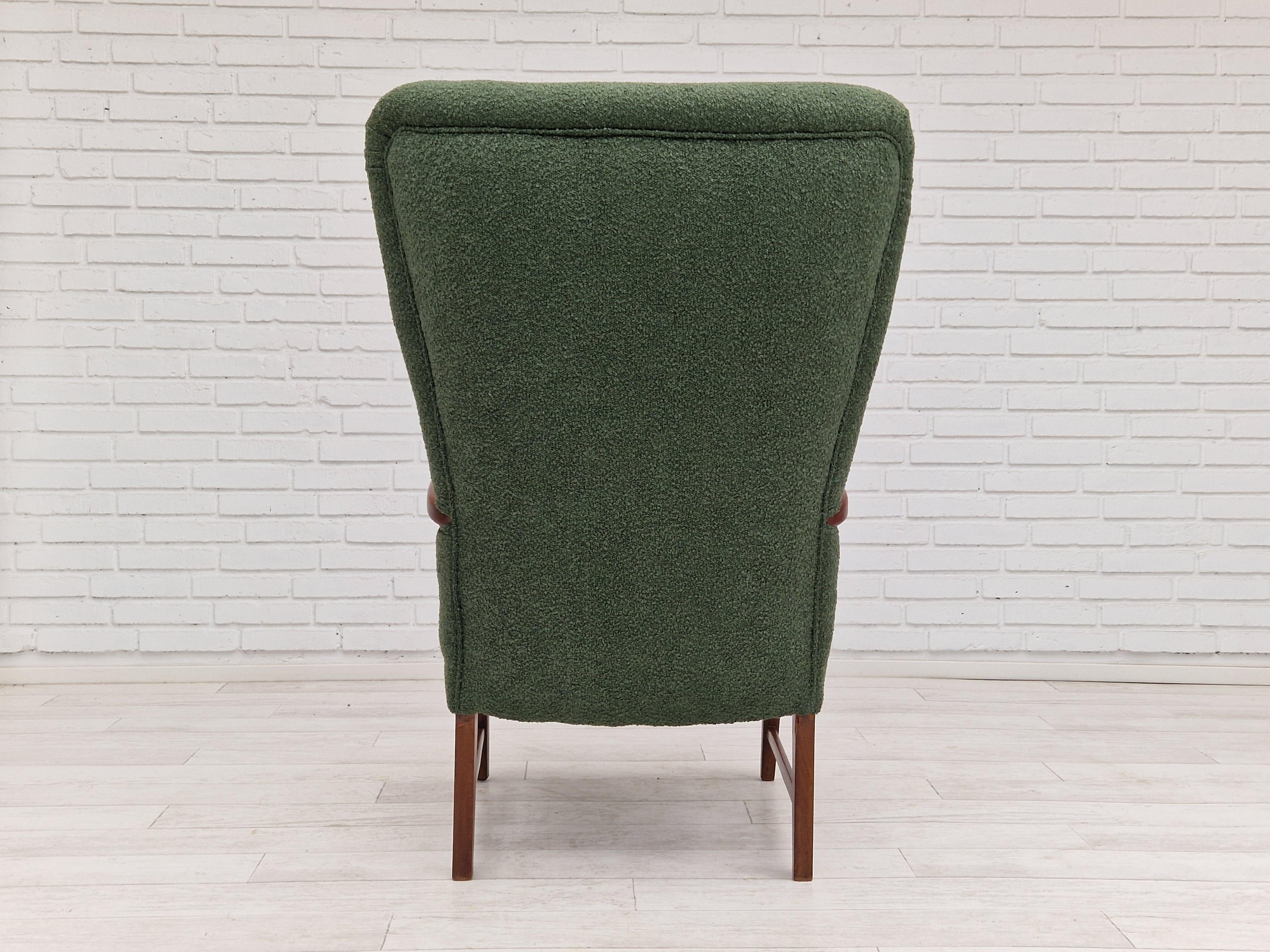 Fabric 1960s, Danish design, reupholstered high-back armchair, bottle green fabric. For Sale