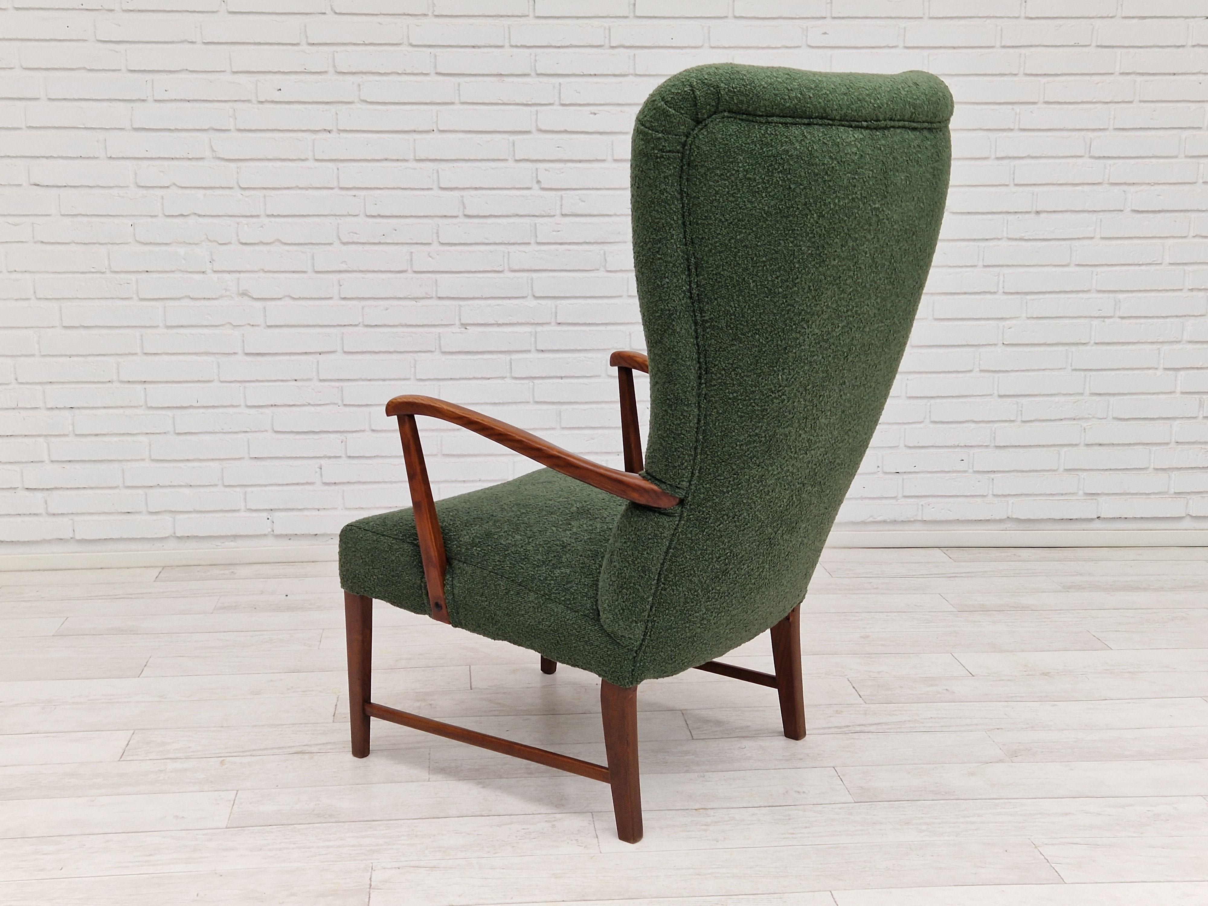 1960s, Danish design, reupholstered high-back armchair, bottle green fabric. For Sale 1