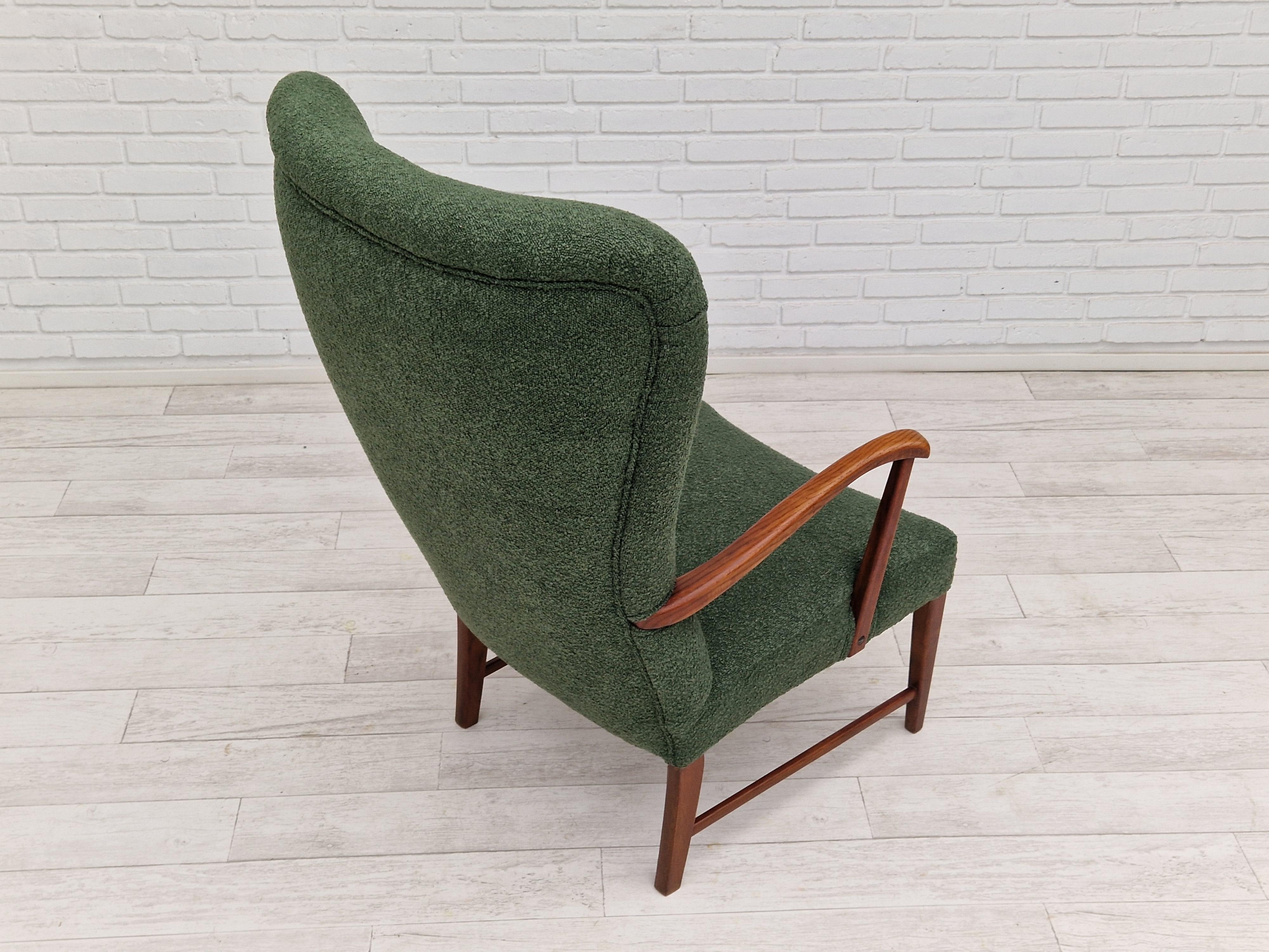 1960s, Danish design, reupholstered high-back armchair, bottle green fabric. For Sale 2