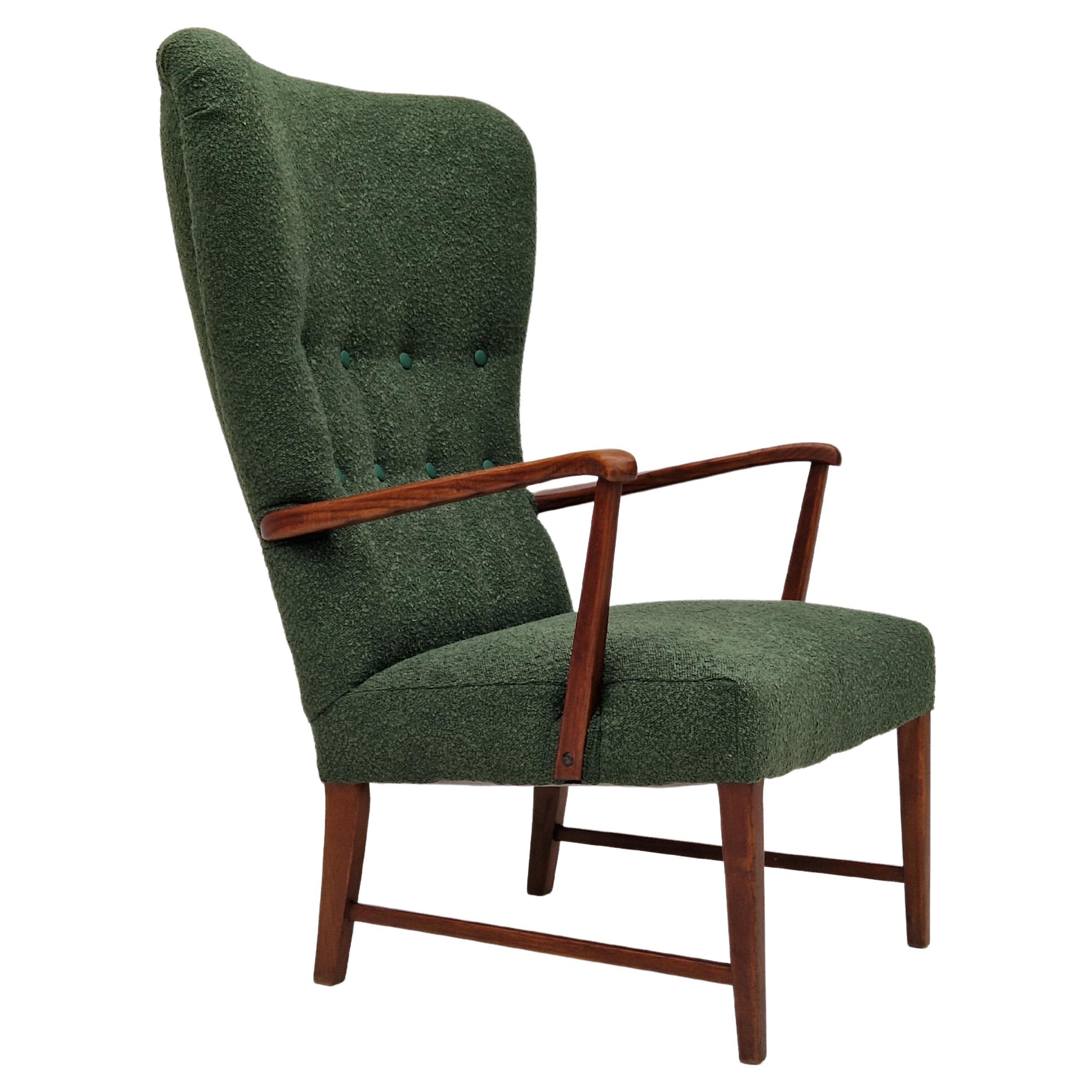 1960s, Danish design, reupholstered high-back armchair, bottle green fabric. For Sale