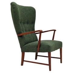 Années 1960, design danois, fauteuil à dossier haut rembourré et retapissé, tissu vert bouteille
