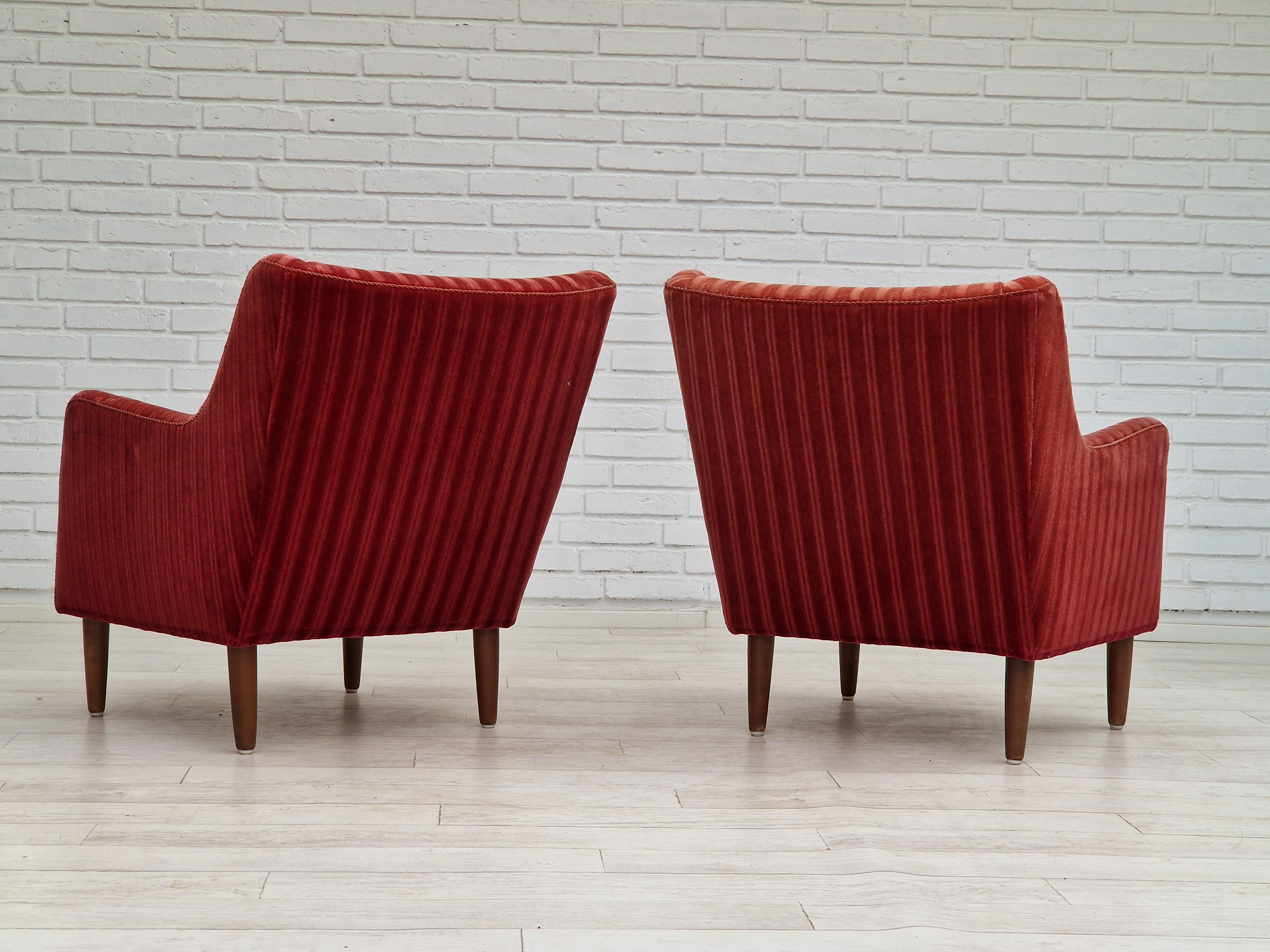 1960s, Danish Design, Set of 2 Armchairs, Velour, Original Very Good Condition For Sale 1
