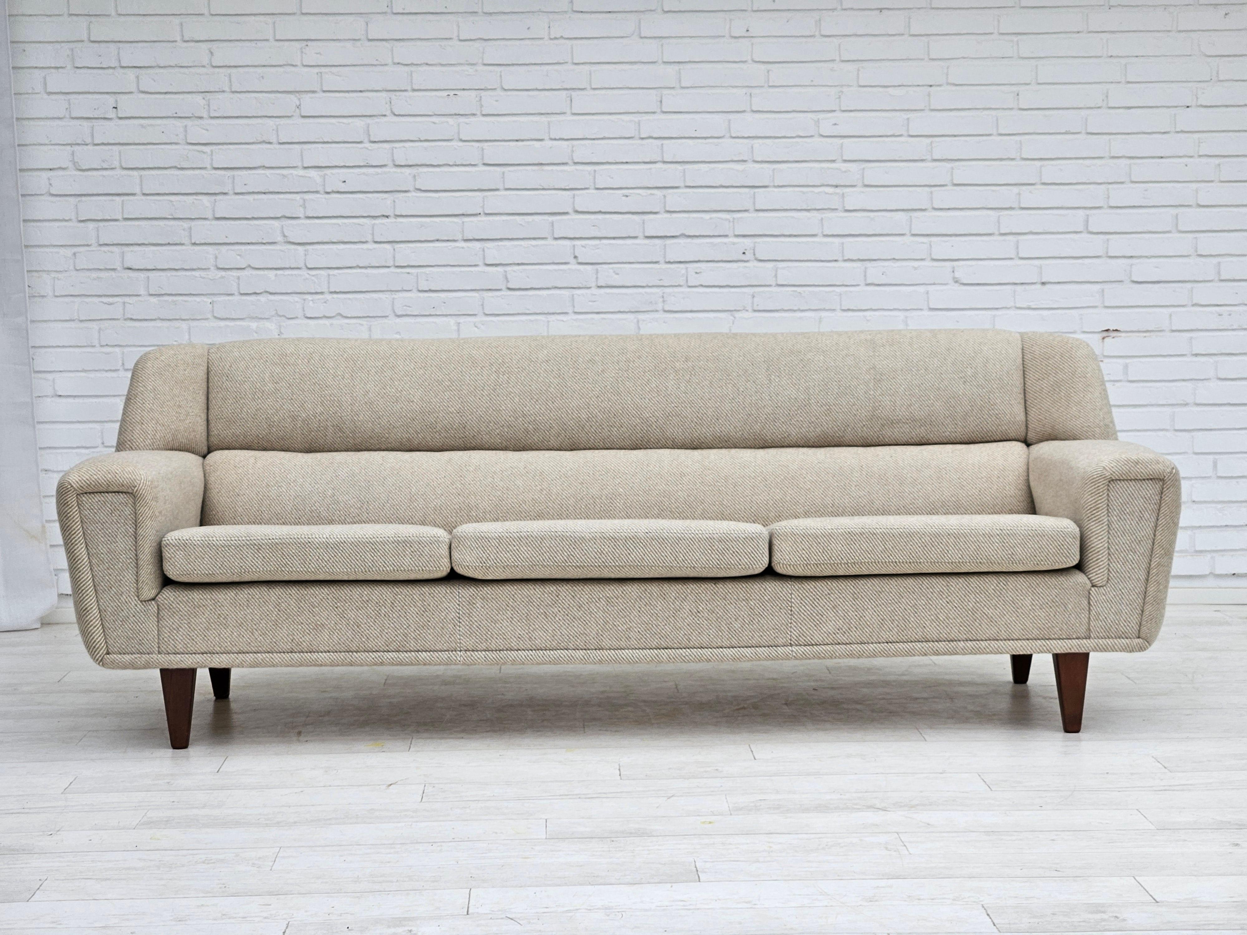 1960s, Danish design sofa by Kurt Østervig model 61. Original good condition: no smells and no stains. Furniture wool, teakwood legs. Removable seat cushions. Manufactured by Danish furniture manufacturer Rolschau Møbler in about 1960s.
