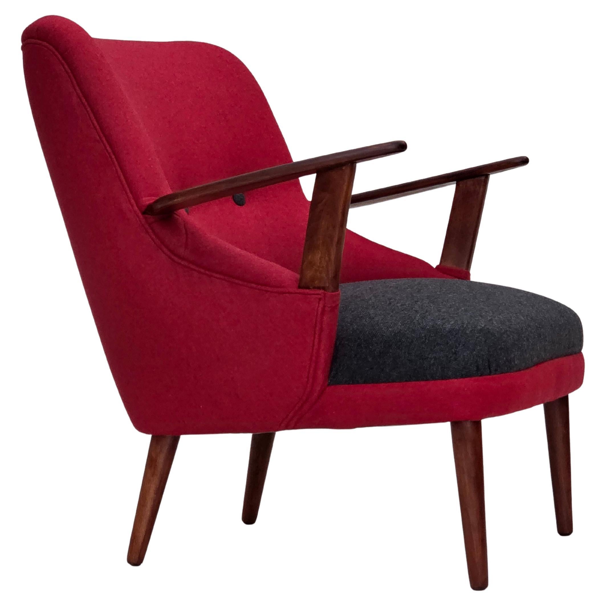 1960s, Danish designed armchair, reupholstered, furniture wool. For Sale