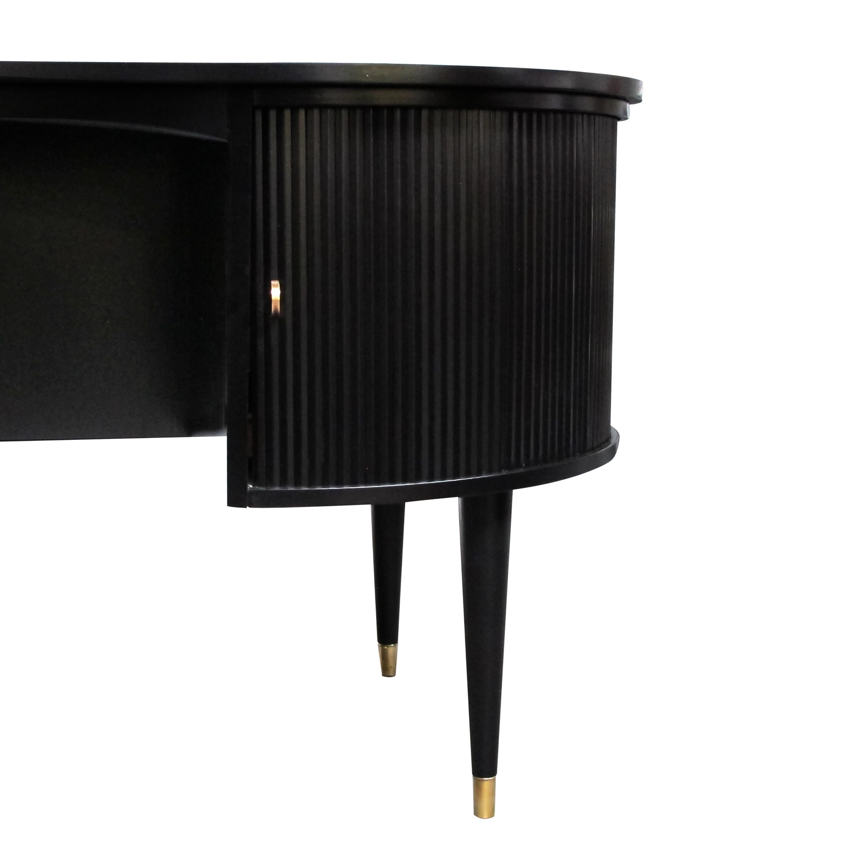 Brass 1960s Danish Ebonised Kidney Shaped Desk by Designer Kai Kristiansen