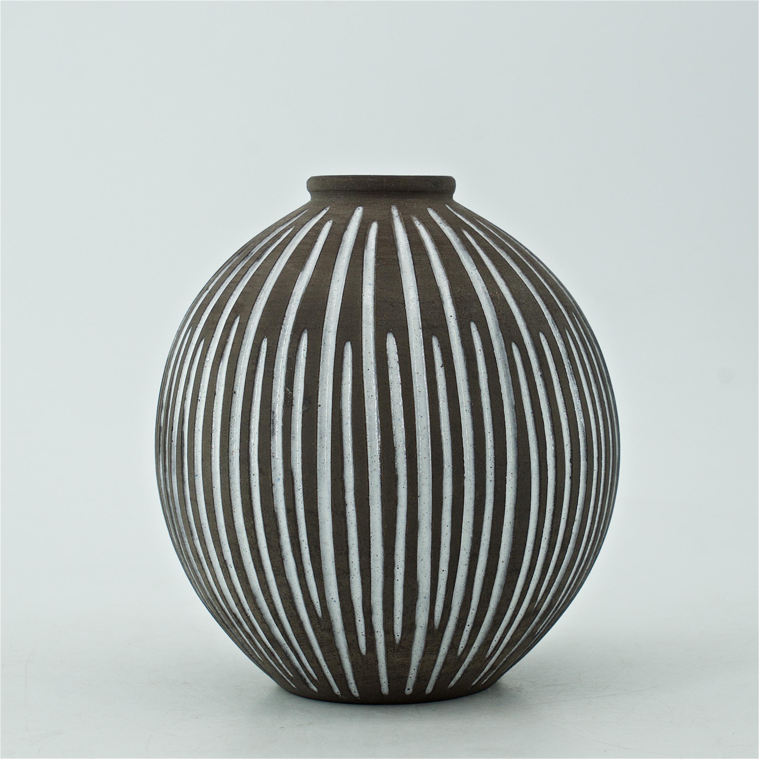 Scandinavian Modern 1960s Danish Female Artist Studio Pottery Gourd Vase Sphere Stoneware Sculpture For Sale