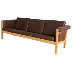 1960s Danish Hans J. Wegner Three-Seat Sofa in Oak and Brown Leather by GETAMA