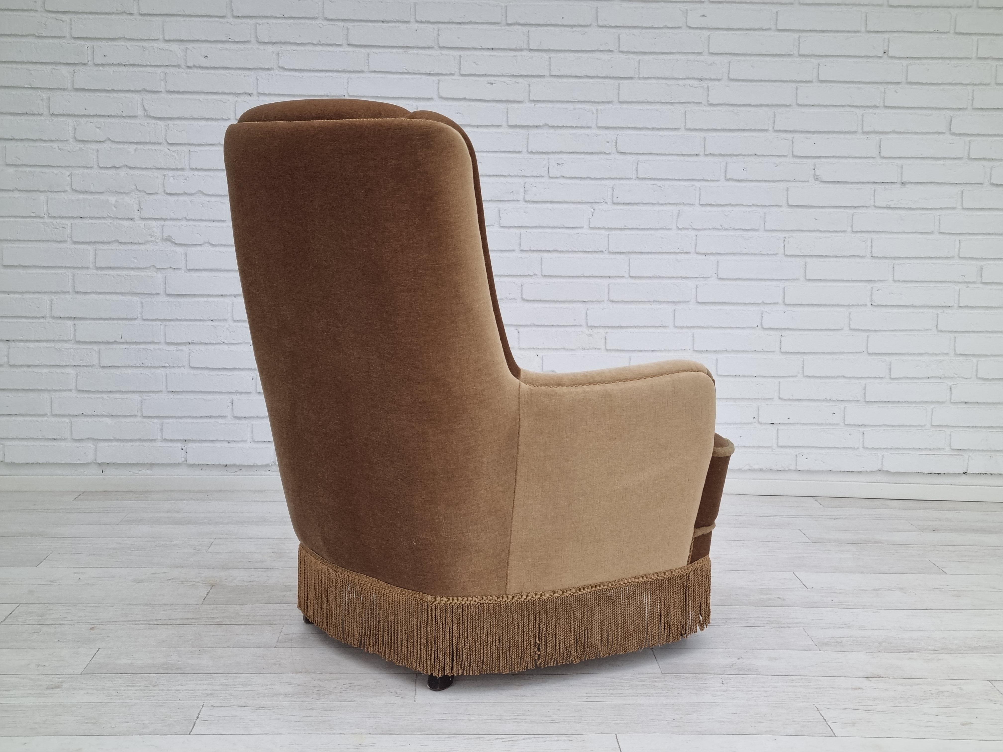 1960s, Danish High Back Armchair, Original Upholstery, Green Velour For Sale 4