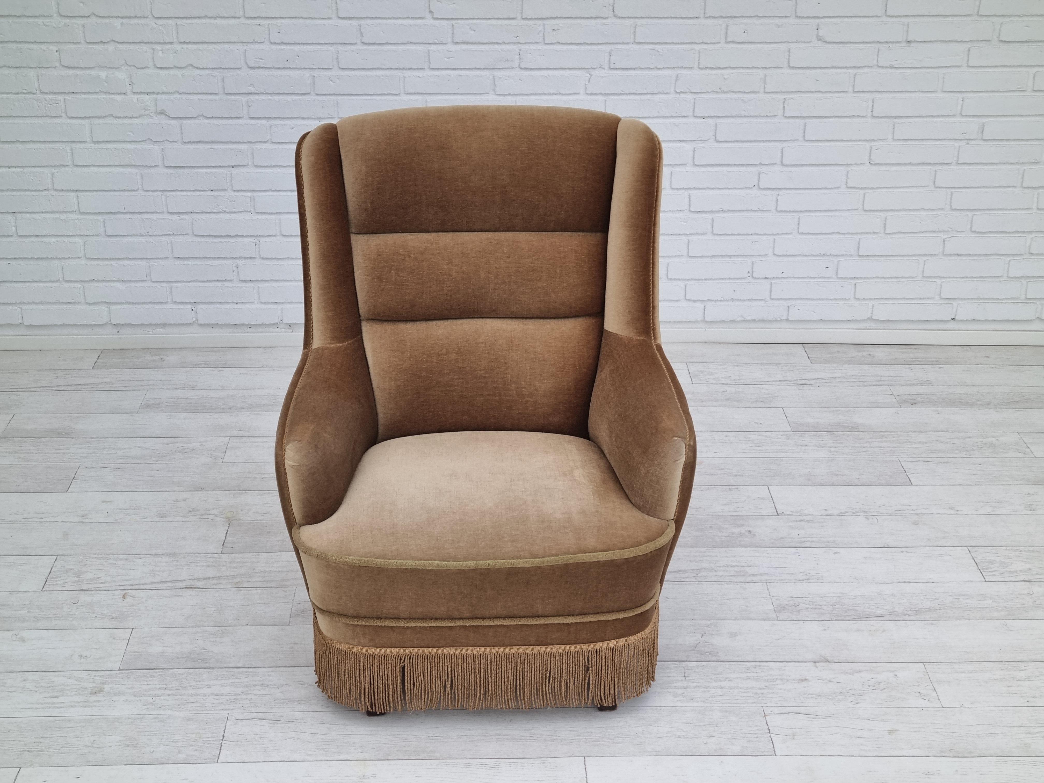 1960s, Danish High Back Armchair, Original Upholstery, Green Velour For Sale 5