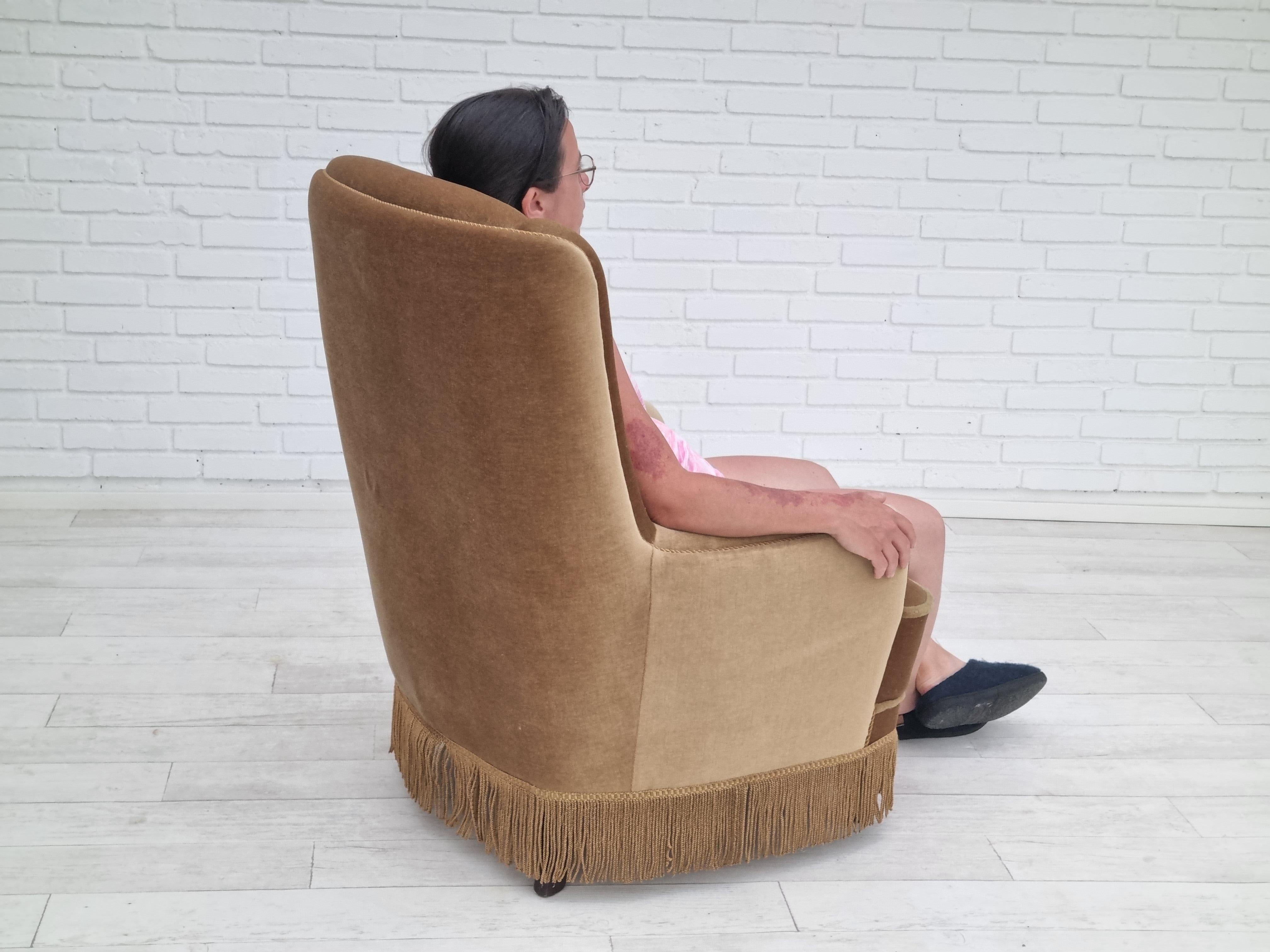 1960s, Danish High Back Armchair, Original Upholstery, Green Velour For Sale 7