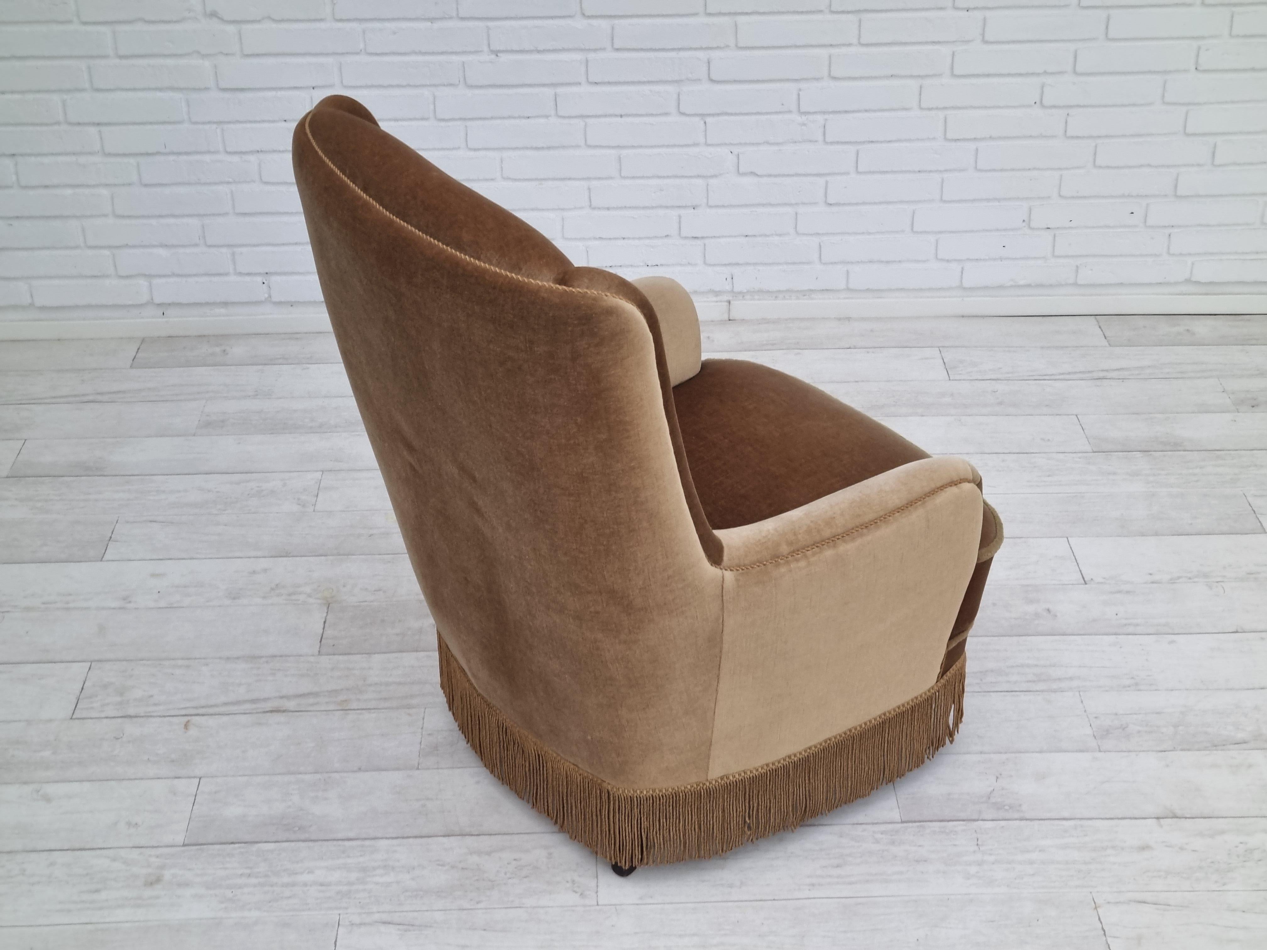1960s, Danish High Back Armchair, Original Upholstery, Green Velour For Sale 9