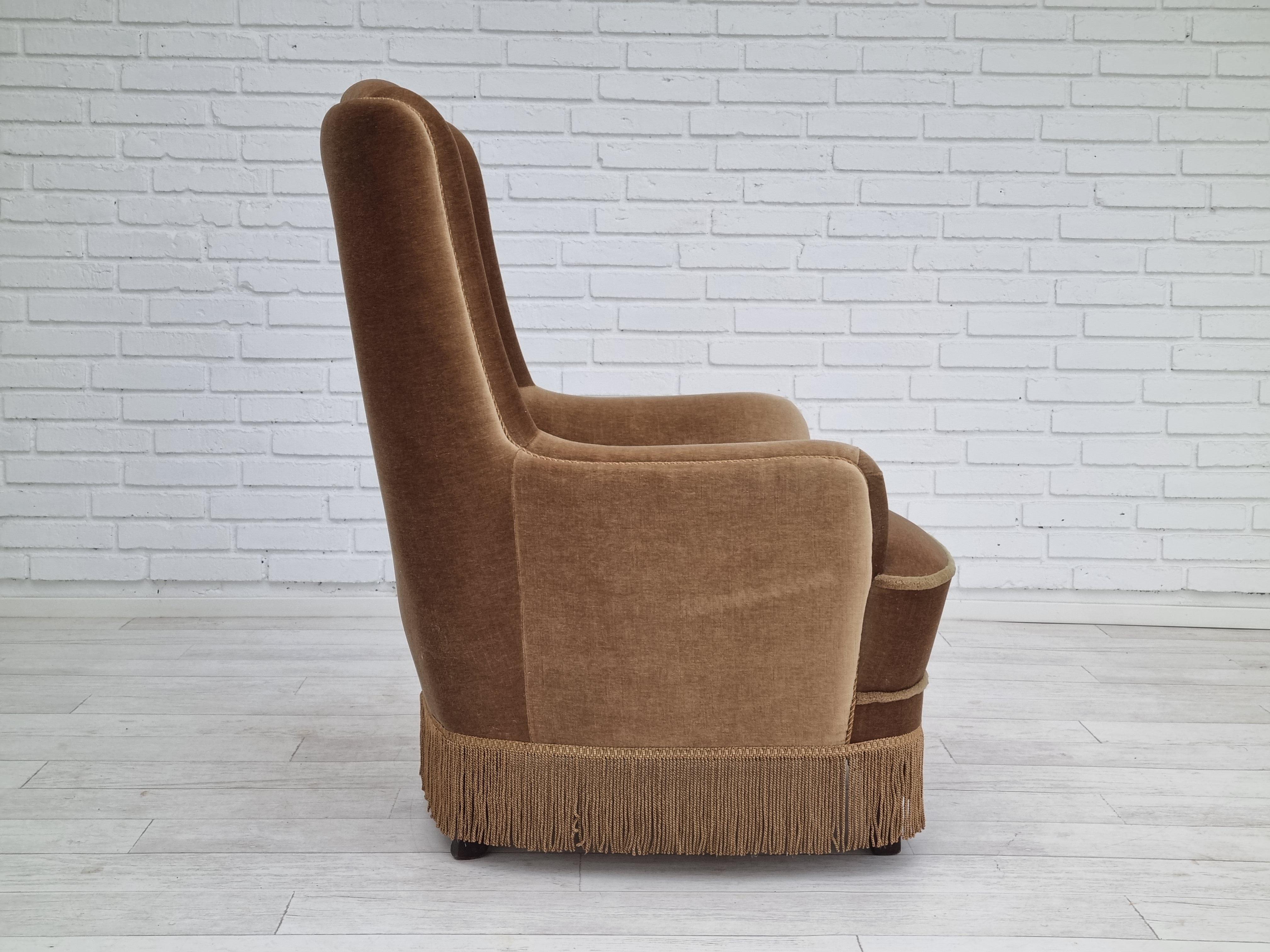 Mid-20th Century 1960s, Danish High Back Armchair, Original Upholstery, Green Velour For Sale