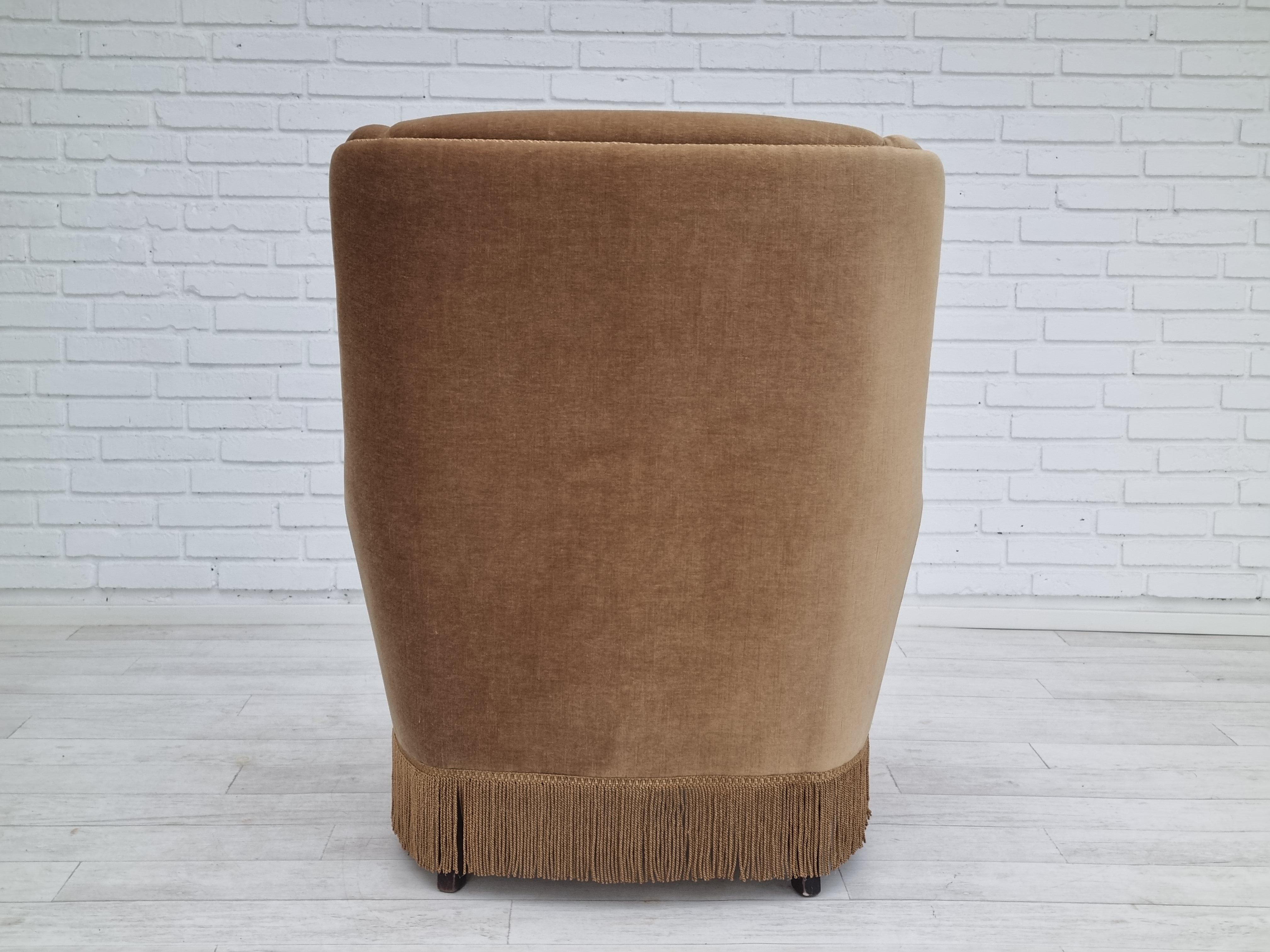 Velvet 1960s, Danish High Back Armchair, Original Upholstery, Green Velour For Sale