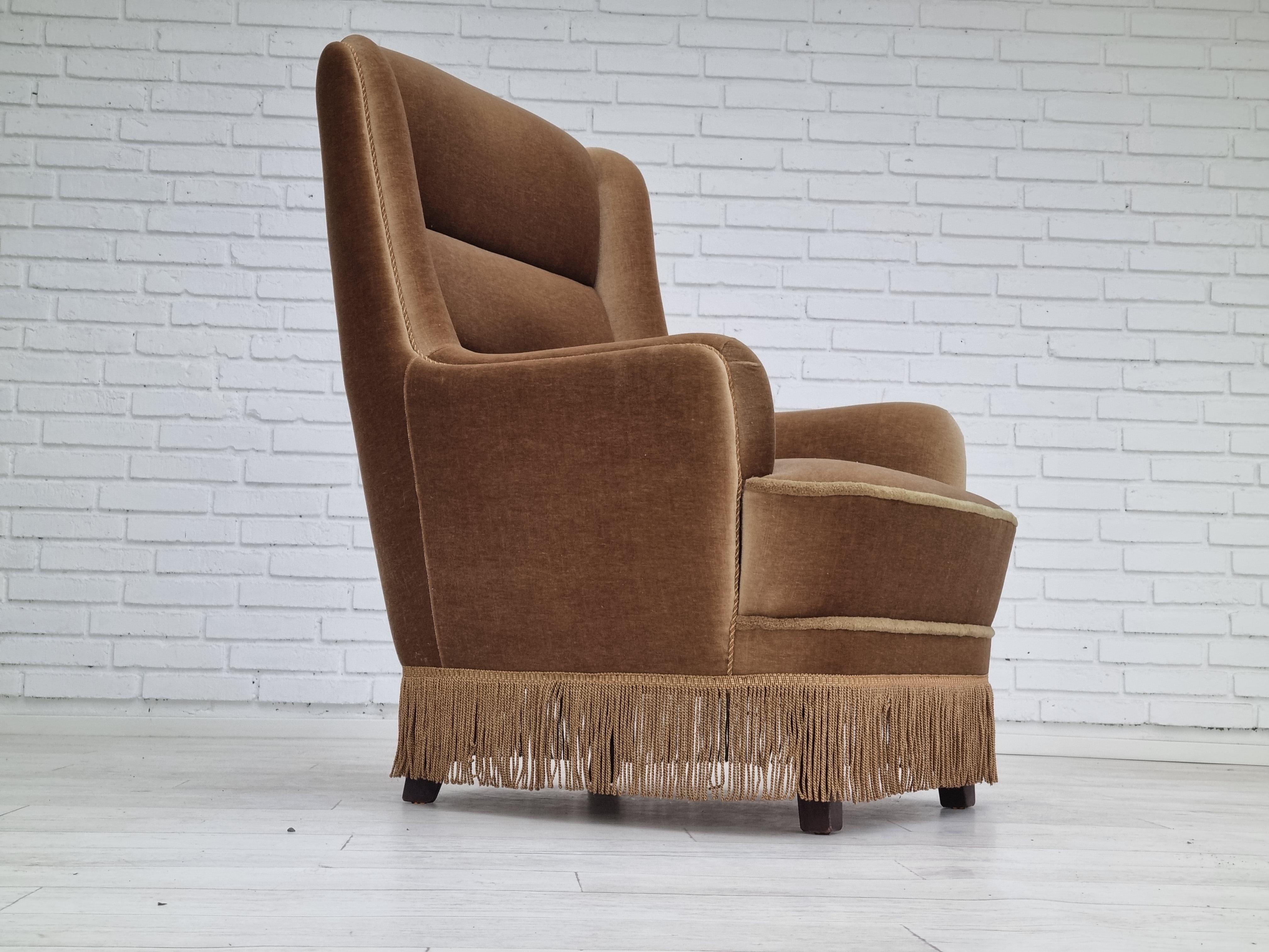 1960s, Danish High Back Armchair, Original Upholstery, Green Velour For Sale 1