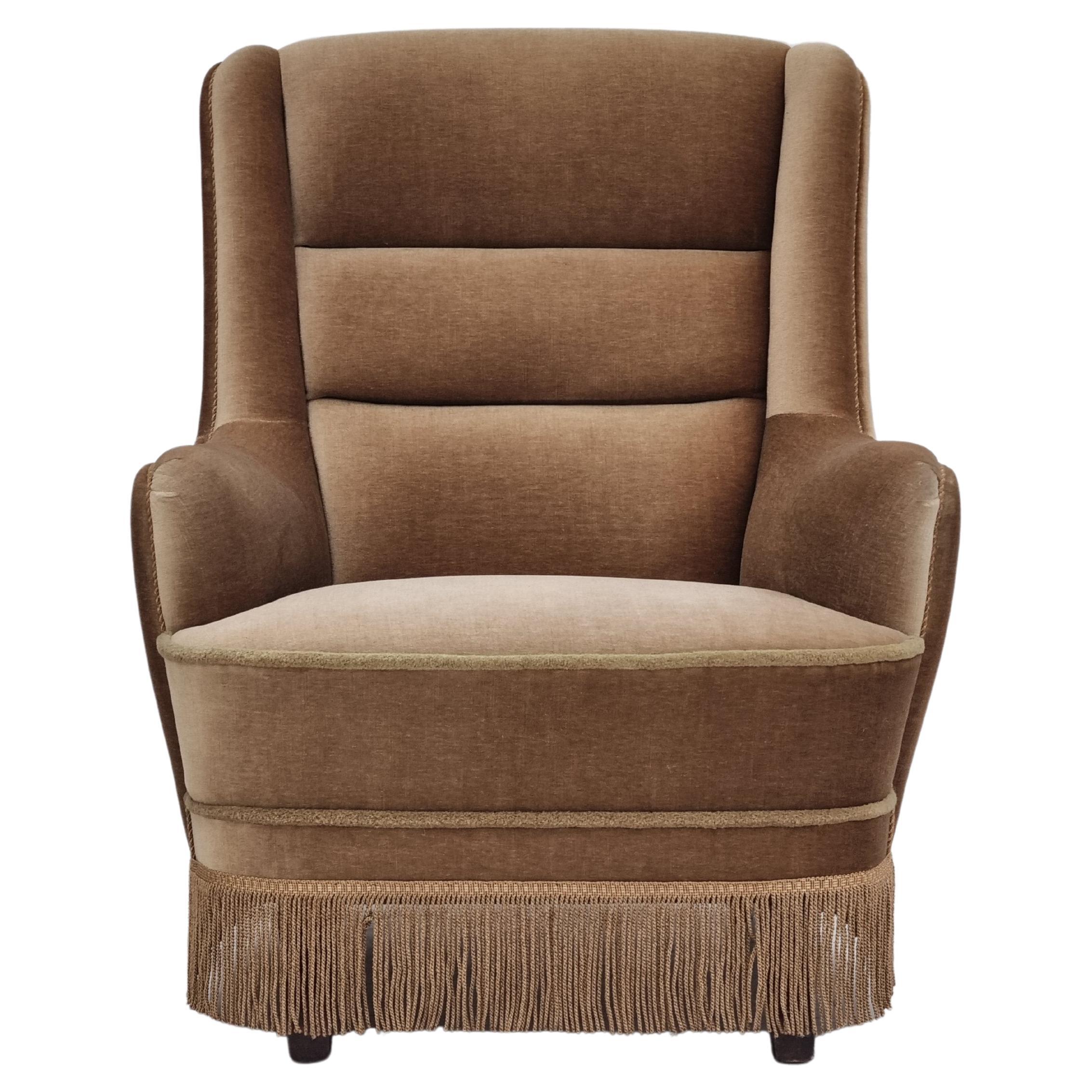 1960s, Danish High Back Armchair, Original Upholstery, Green Velour For Sale