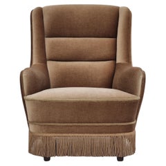 Fauteuil danois  haut dossier des annes 1960, tissu d'ameublement d'origine, velours vert