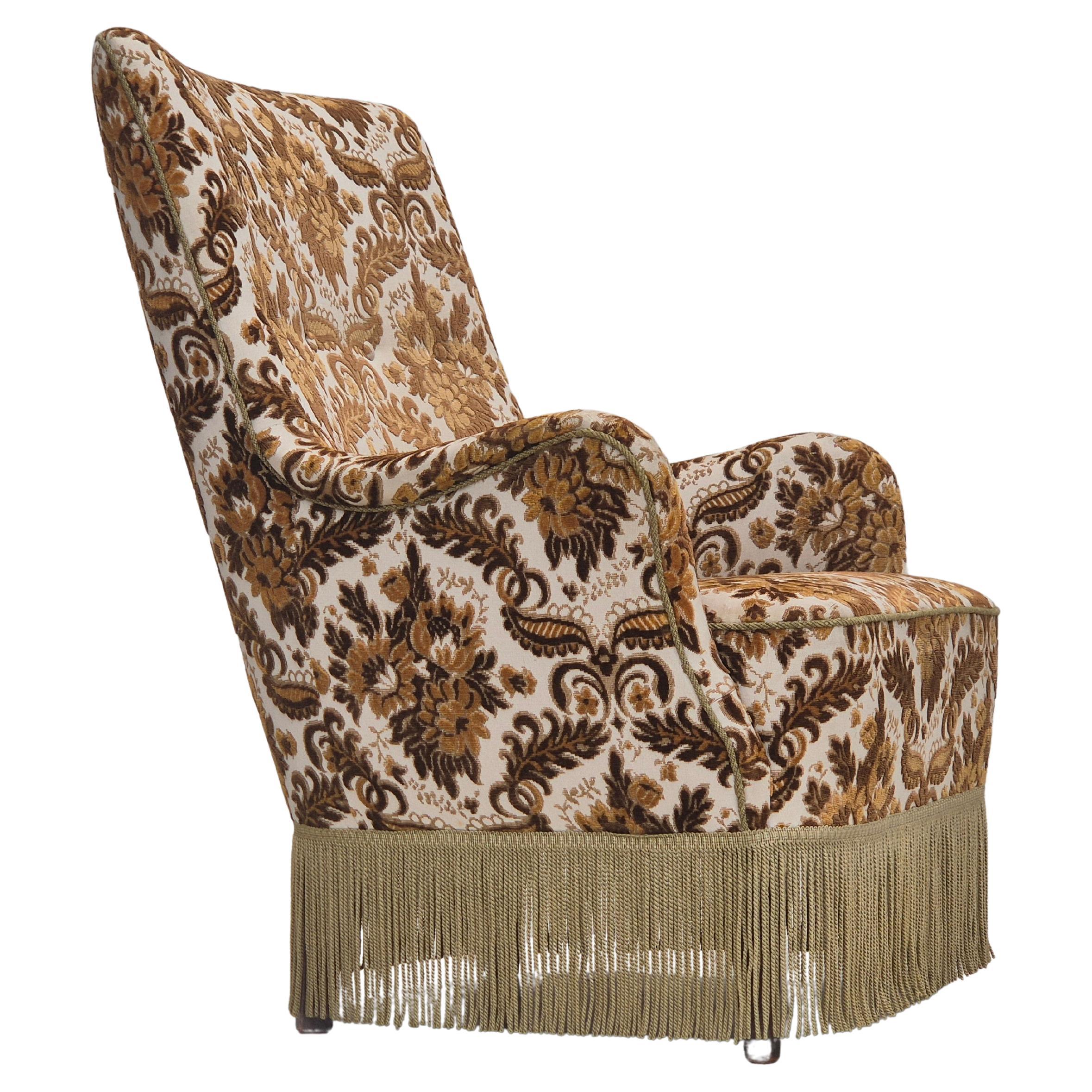 1960s, Danish highback armchair, furniture velour fabric, ash wood.