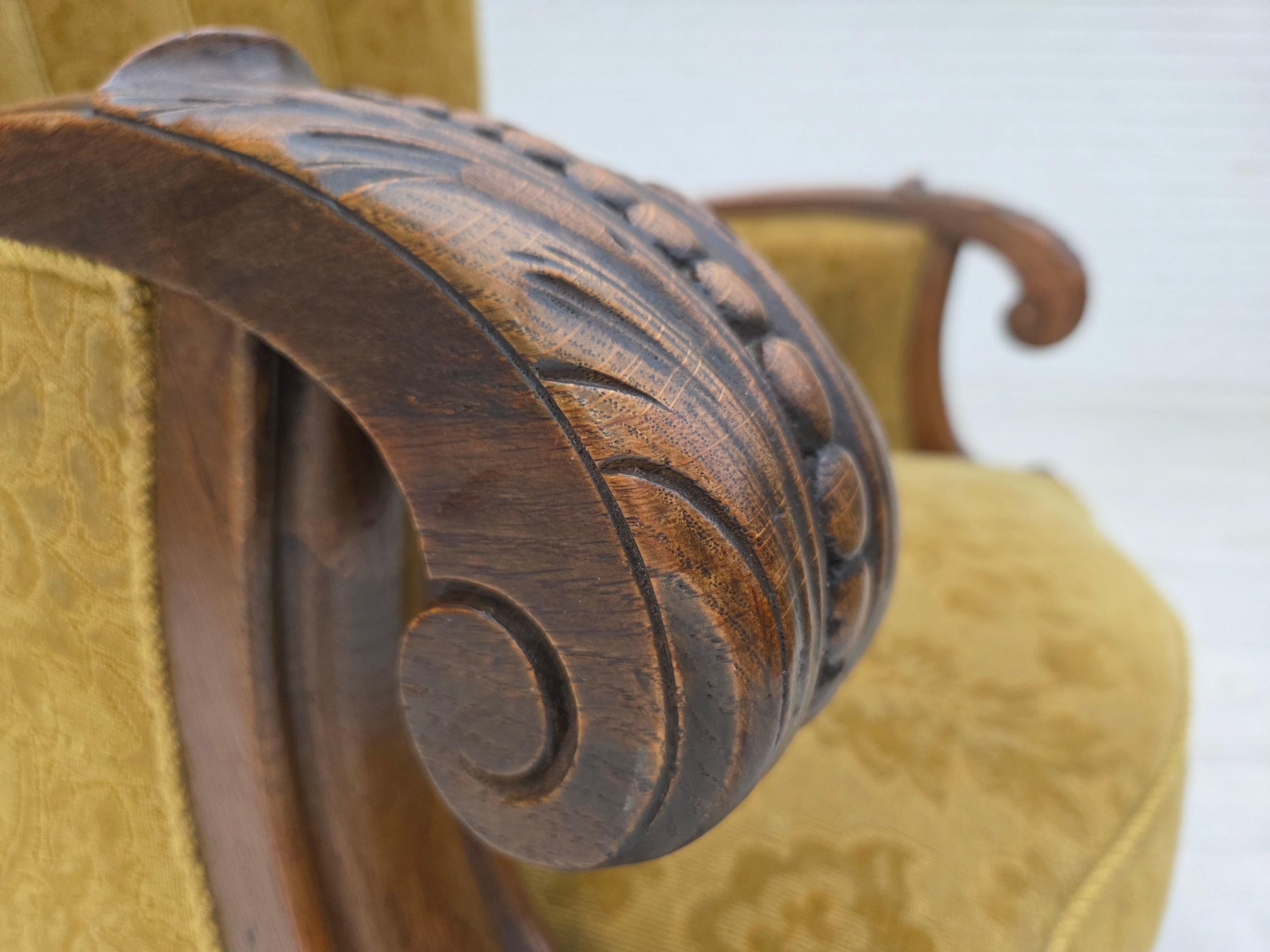 Años 60, sillón danés de respaldo alto, muebles de lana, madera maciza de roble. Escandinavo moderno en venta