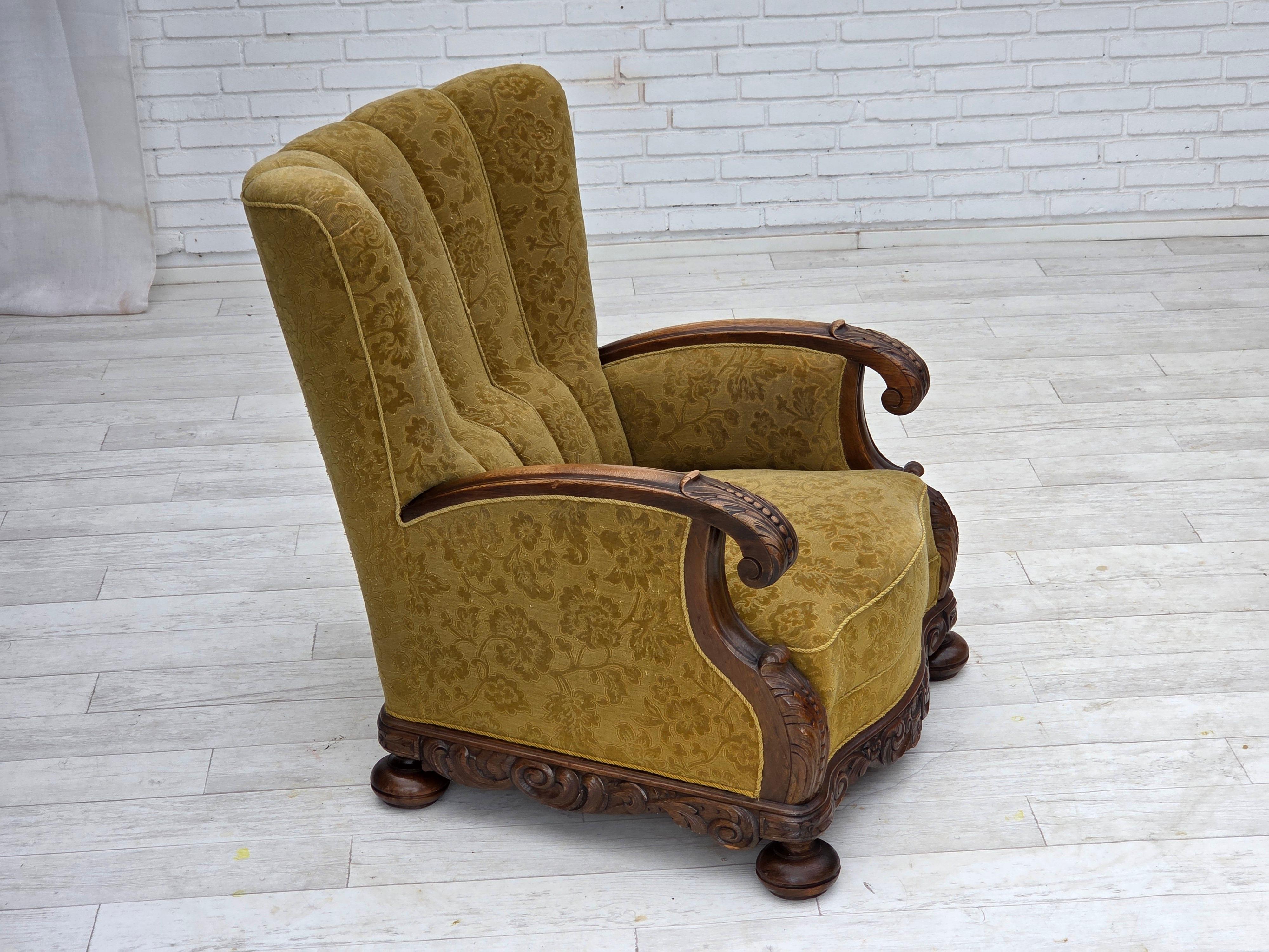 Años 60, sillón danés de respaldo alto, muebles de lana, madera maciza de roble. Danés en venta