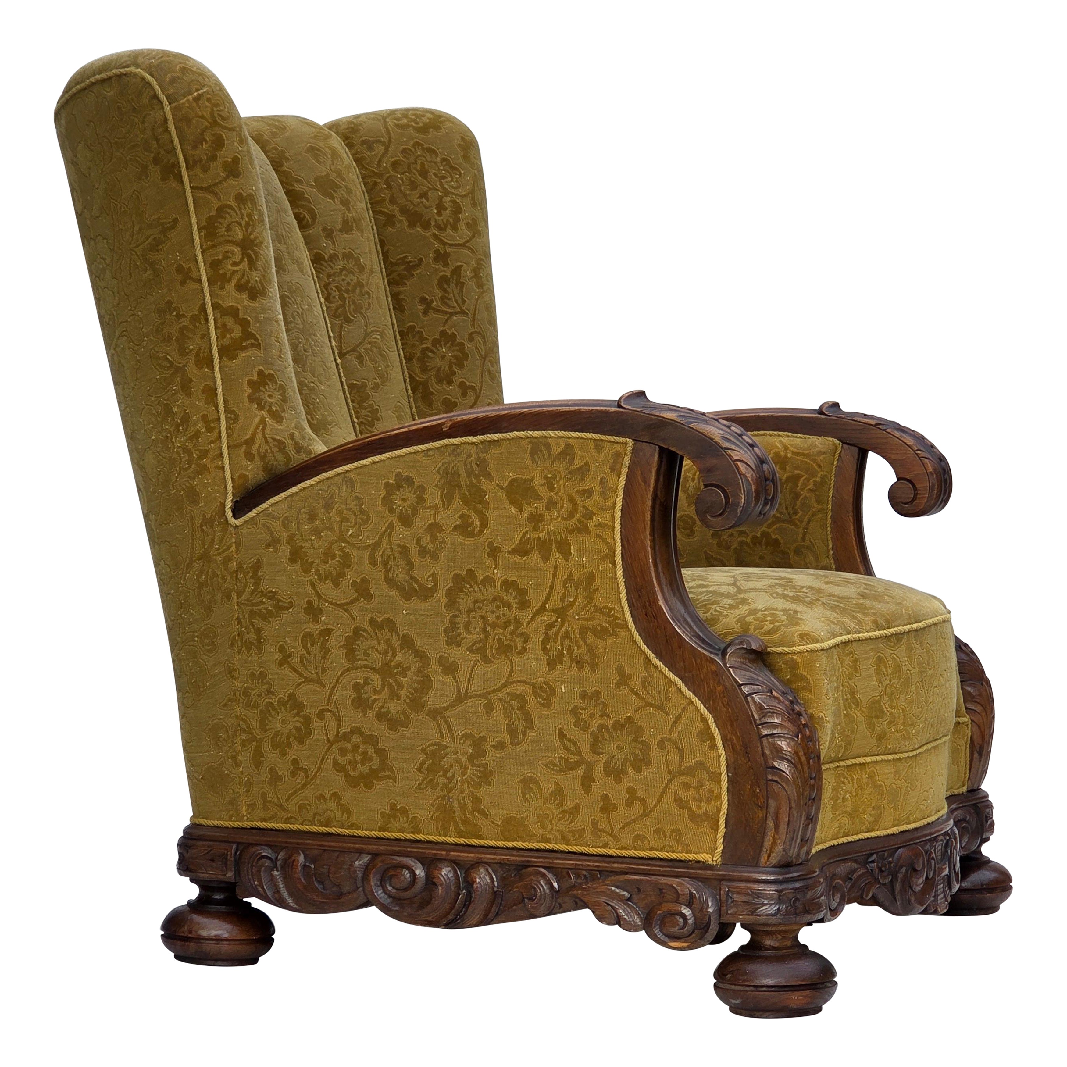 Años 60, sillón danés de respaldo alto, muebles de lana, madera maciza de roble.