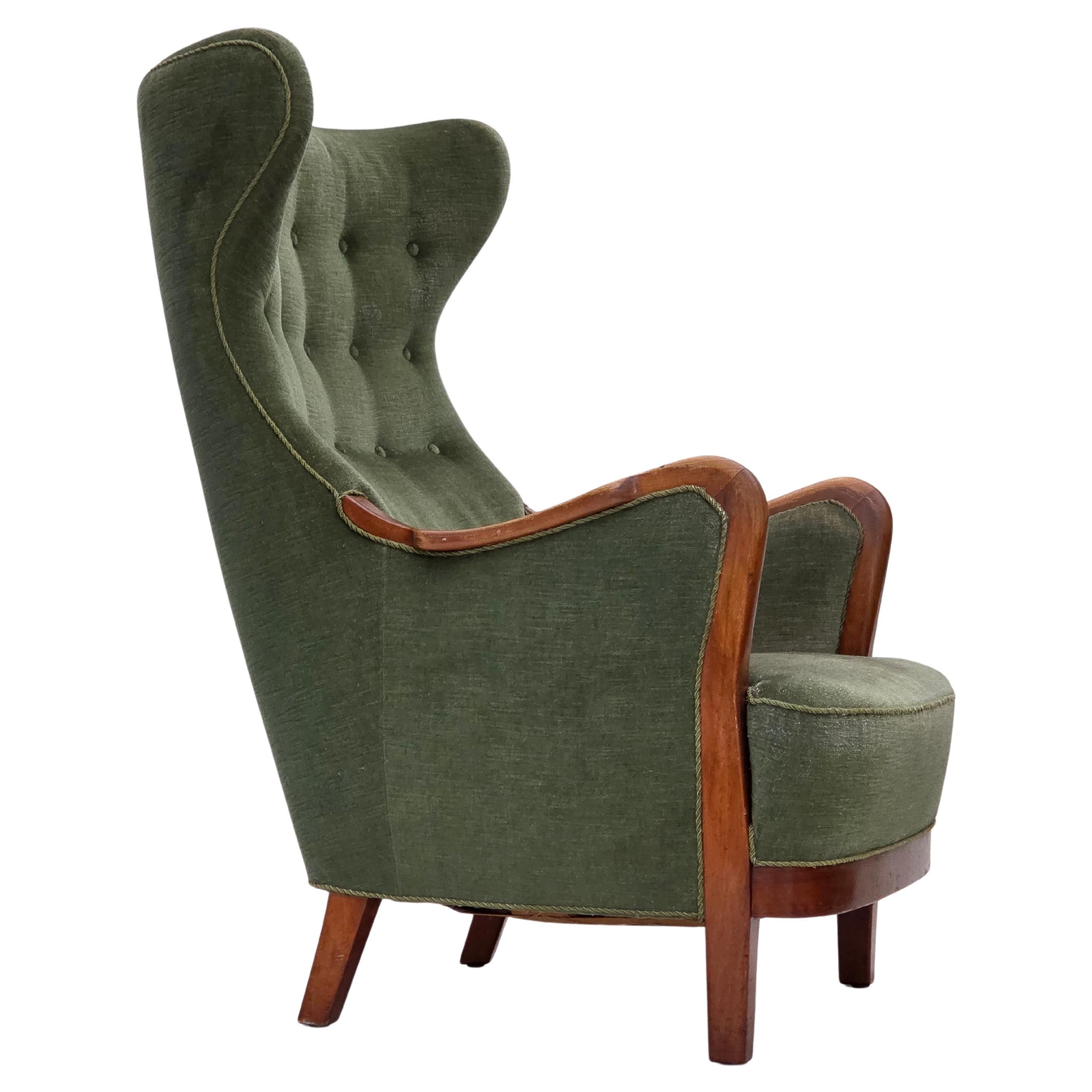 Poltrona con schienale alto degli anni '60, Greene & Greene, velluto verde, legno di teak.