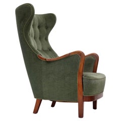 Poltrona con schienale alto degli anni '60, Greene & Greene, velluto verde, legno di teak.