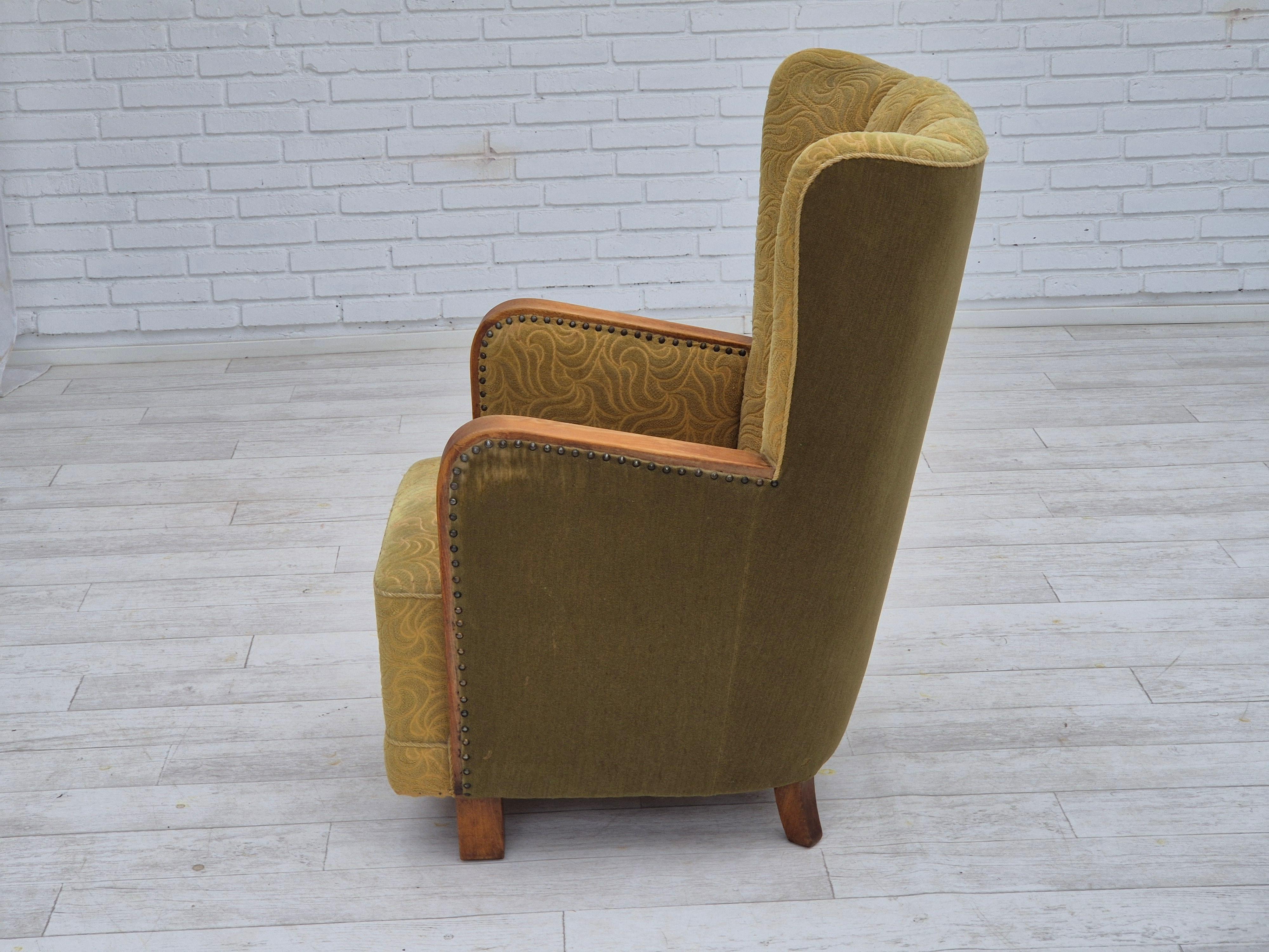 Fauteuil danois à dossier haut des années 1960, état original, coton/laine. en vente 3