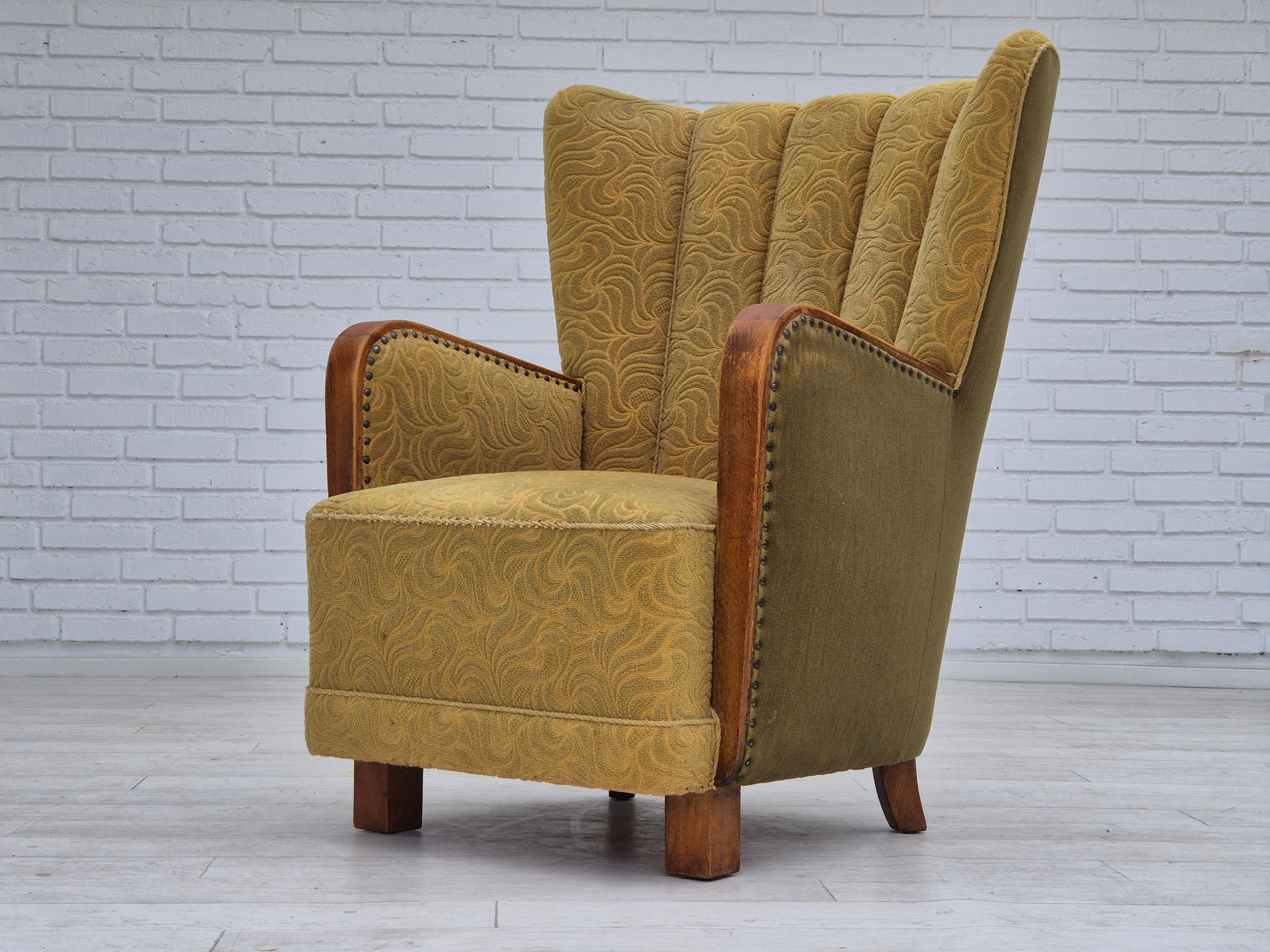 Fauteuil danois à dossier haut des années 1960, état original, coton/laine. en vente 4