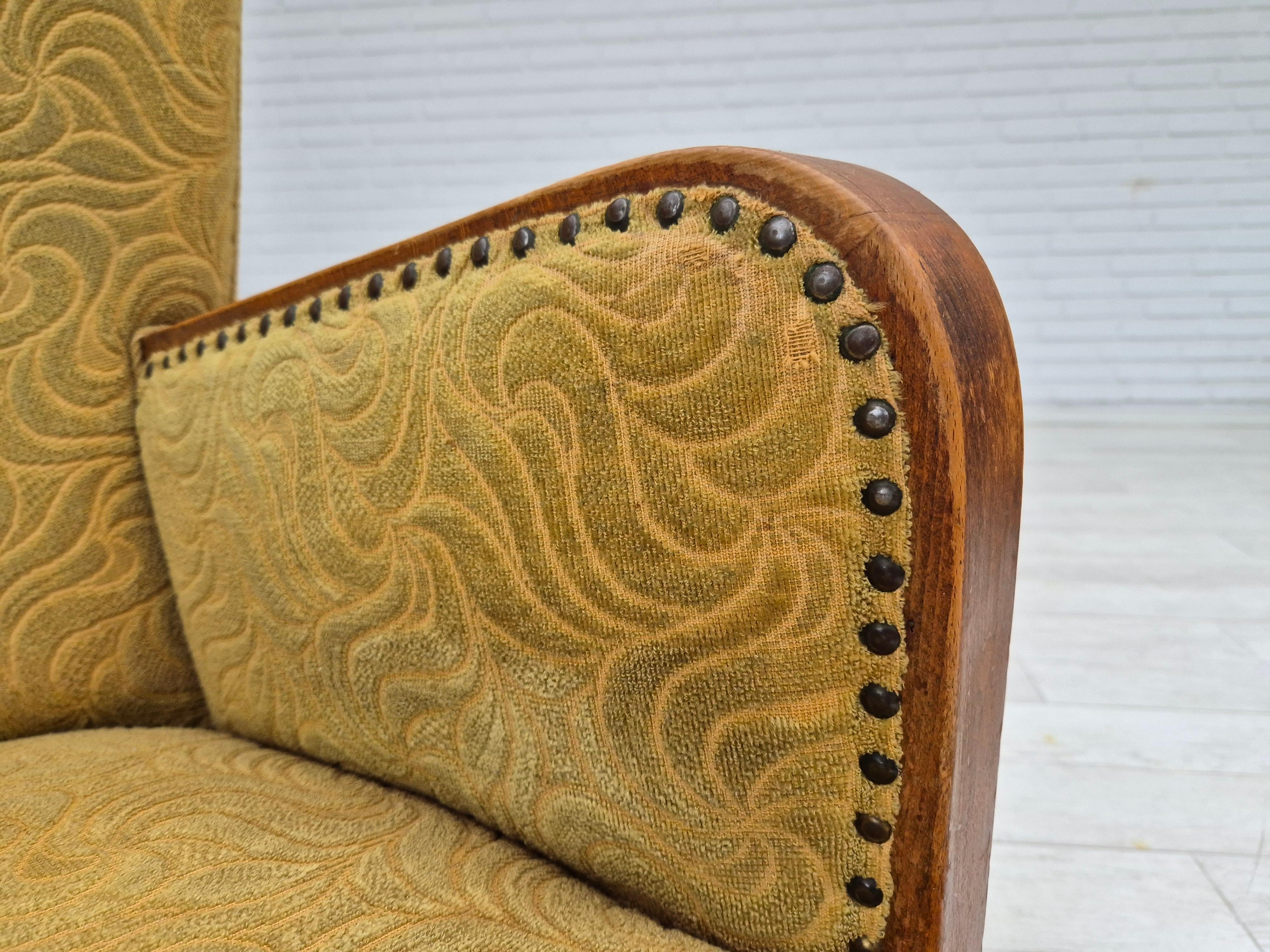 Fauteuil danois à dossier haut des années 1960, état original, coton/laine. en vente 7