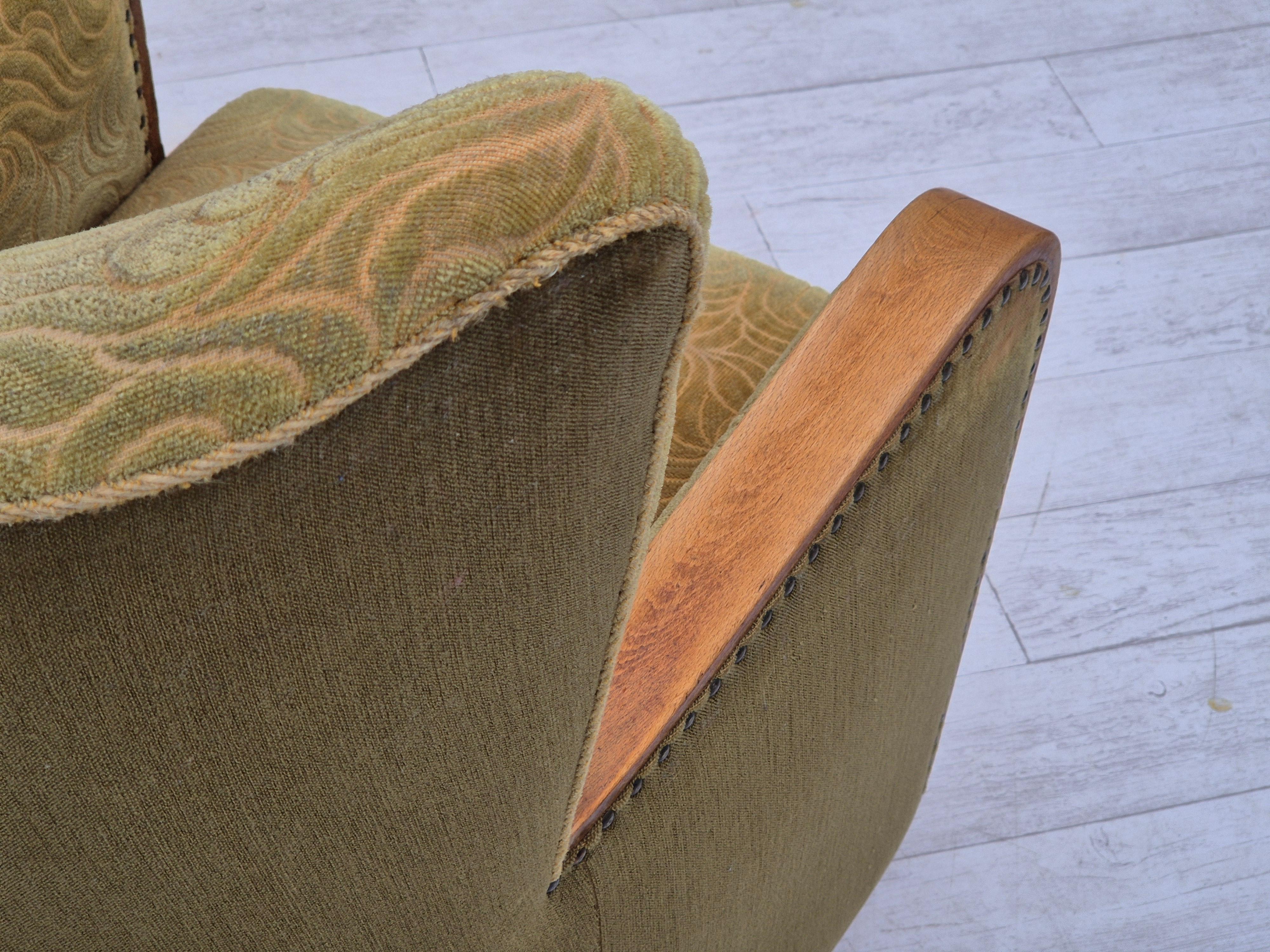 Fauteuil danois à dossier haut des années 1960, état original, coton/laine. en vente 12