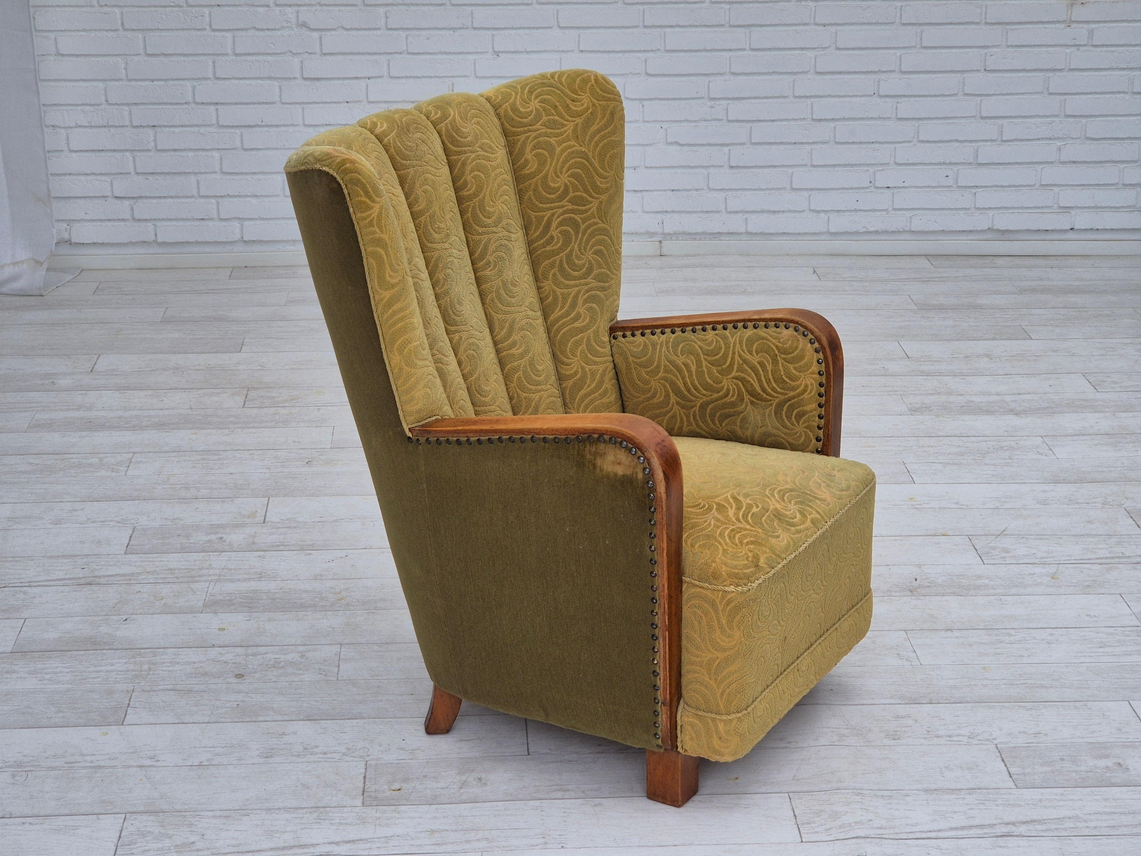 Fauteuil danois à dossier haut des années 1960, état original, coton/laine. en vente 1