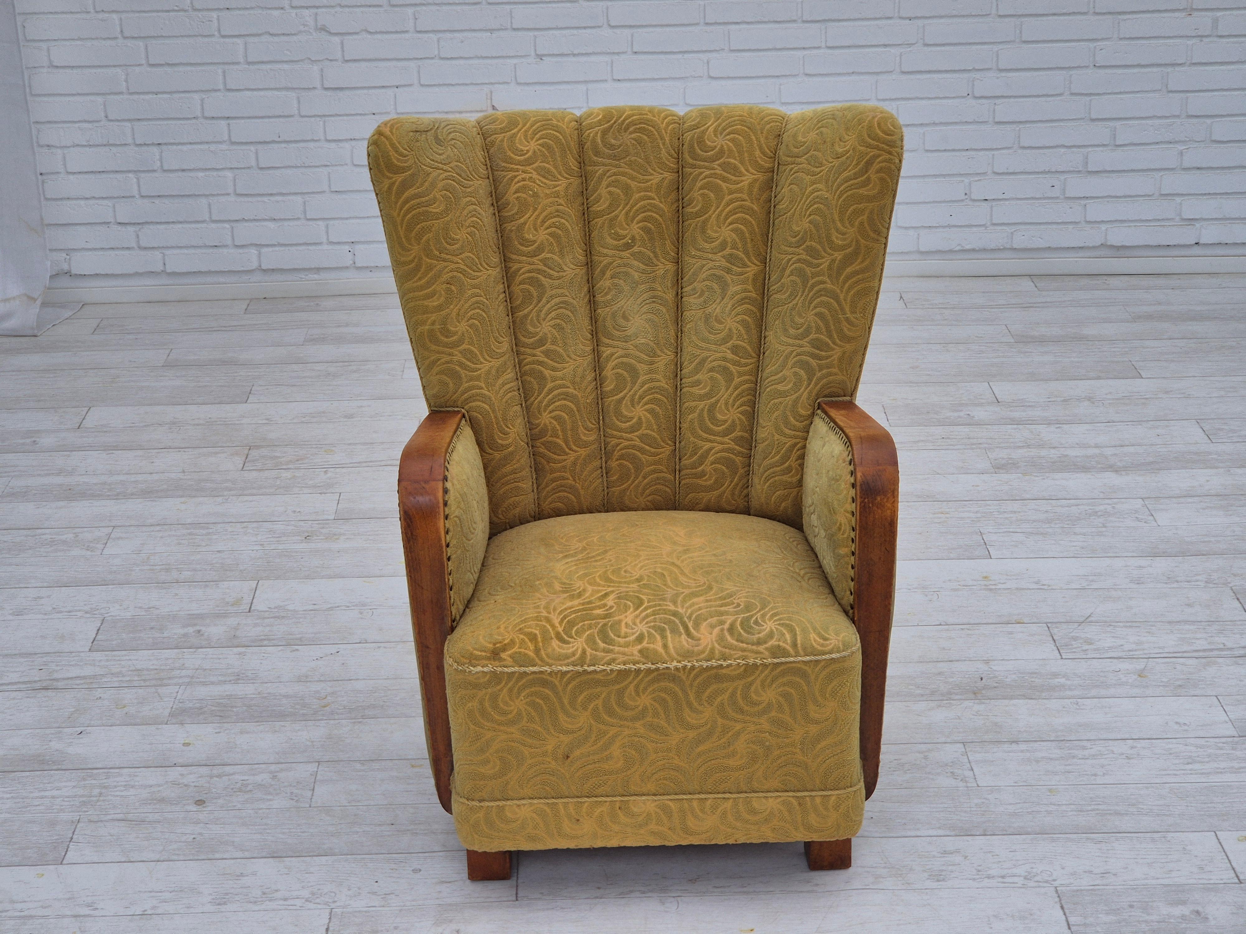 Fauteuil danois à dossier haut des années 1960, état original, coton/laine. en vente 2
